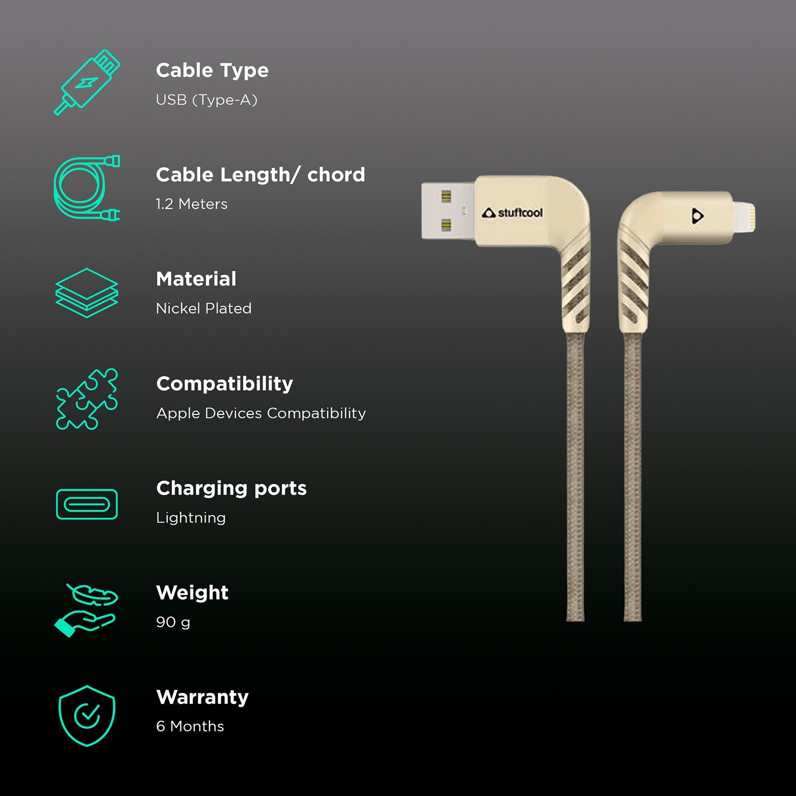 stuffcool LGFNS4-GLD Type A to Lightning 3.9 Feet (1.2M) Cable (90 Degree Right Angled Design, Gold) stuffcool LGFNS4-GLD Type A to Lightning 3.9 Feet (1.2M) Cable (90 Degree Right Angled Design, Gold)_2