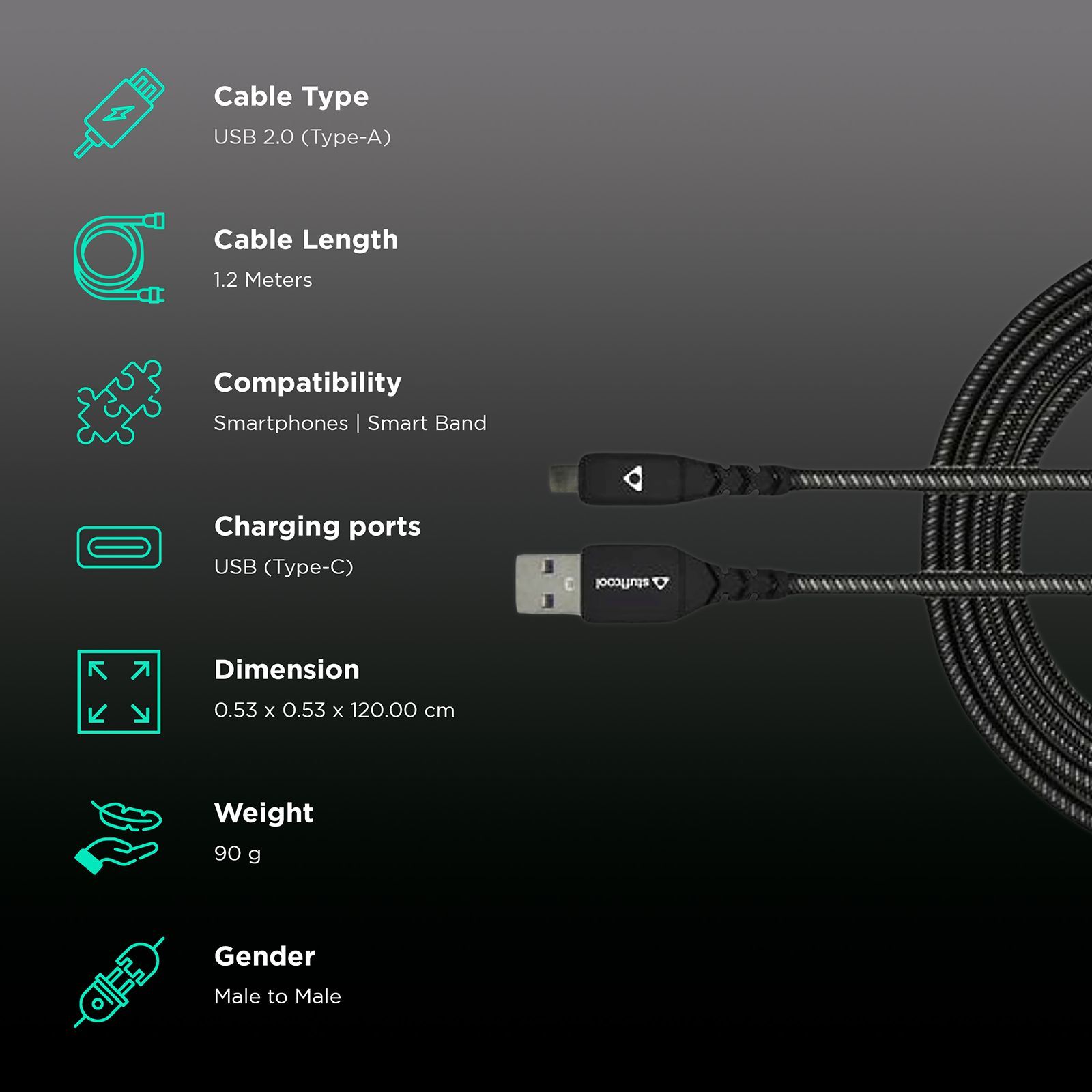 stuffcool Vite Type A to Type C 3.9 Feet (1.2M) Cable (Auto Detect IC, Black)_2