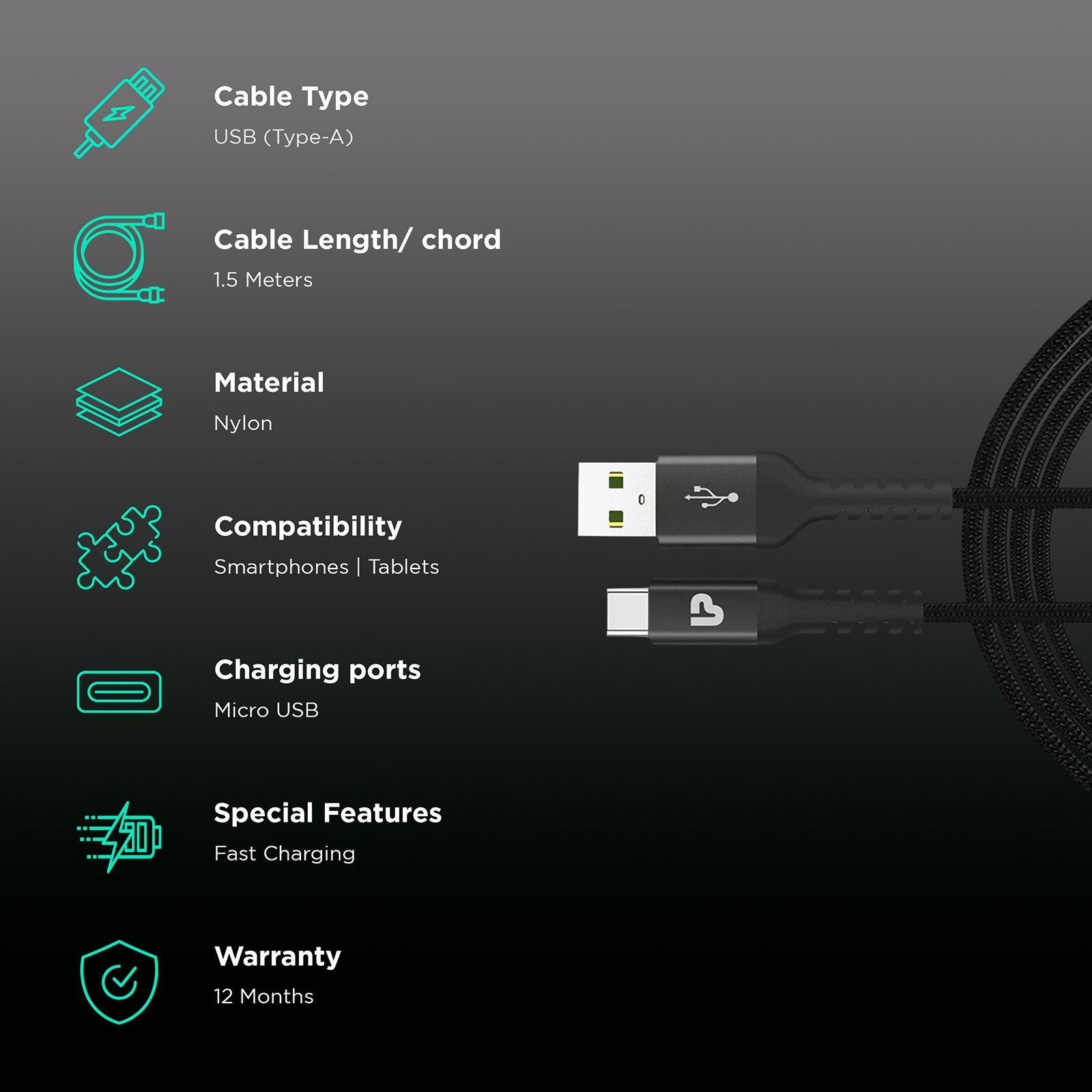 ultraprolink Nylokev-C Plus Type A to Micro USB 4.9 Feet (1.5M) Cable (Fast Charging Compatible, Black) ultraprolink Nylokev-C Plus Type A to Micro USB 4.9 Feet (1.5M) Cable (Fast Charging Compatible, Black)_2