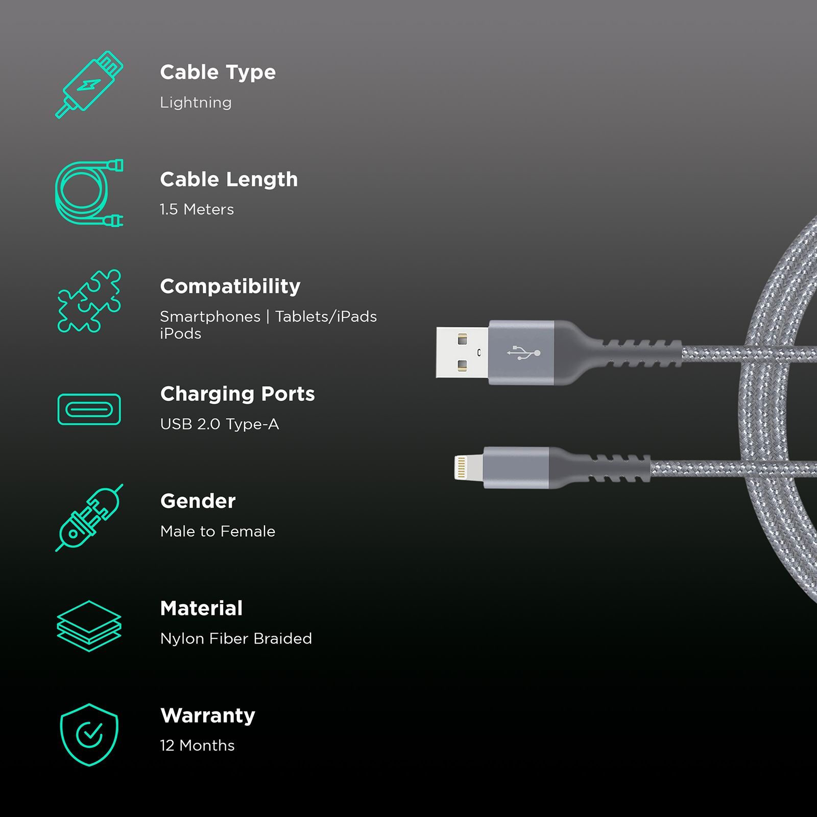 ultraprolink Nylokev Plus Type A to Lightning 4.9 Feet (1.5M) Cable (Sync & Charge, Grey)_2