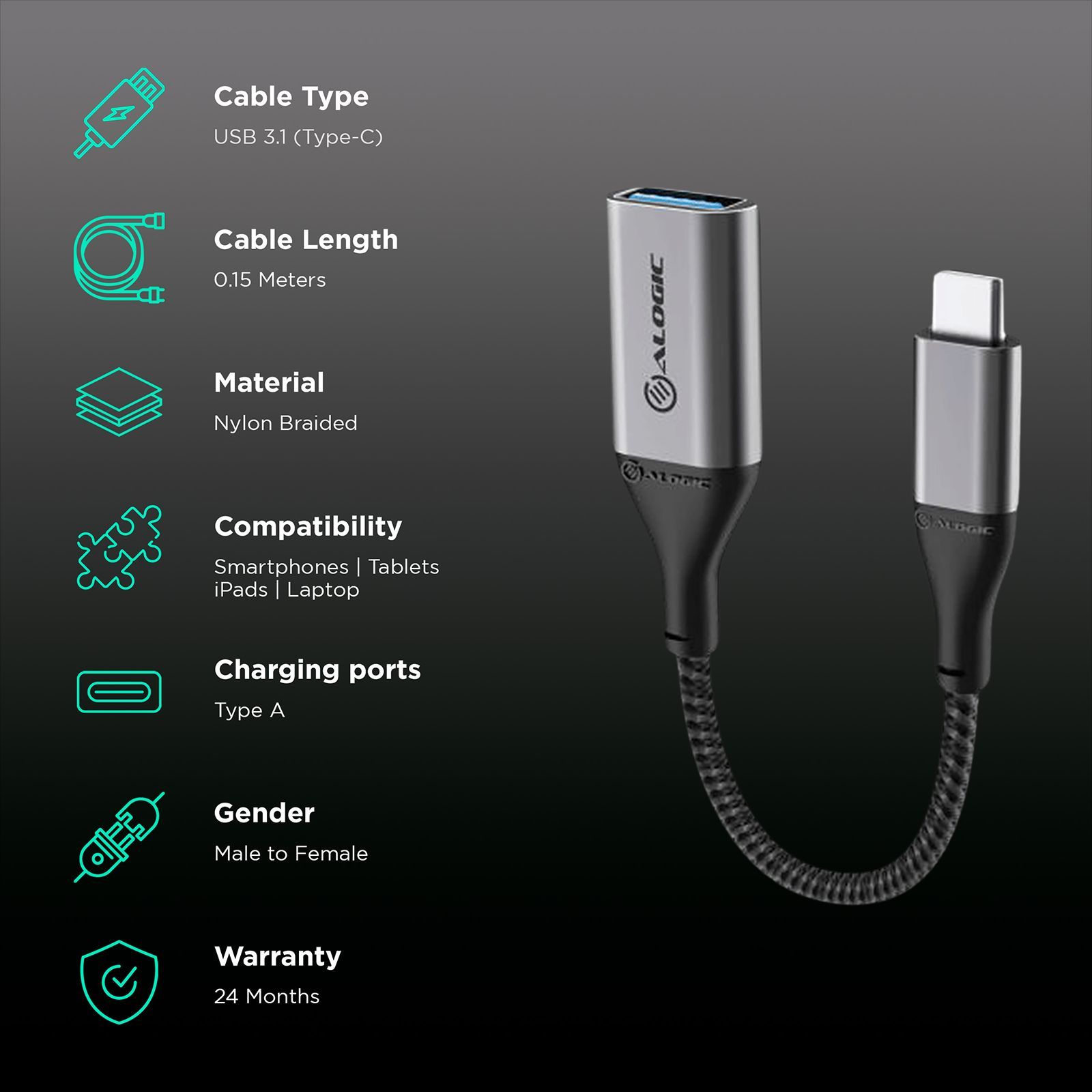 ALOGIC Super Ultra Type C to Type A 0.4 Feet (0.15M) Cable (TPE and Nylon Braided, Space Grey)_2