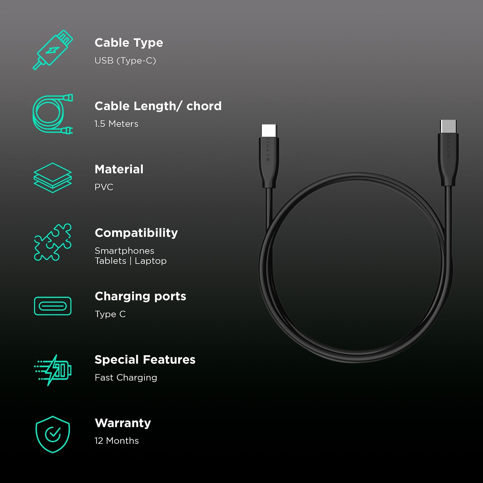 SKYVIK Blaze Type C to Type C 4.9 Feet (1.5M) Cable (High Strength Bending, Black)_2