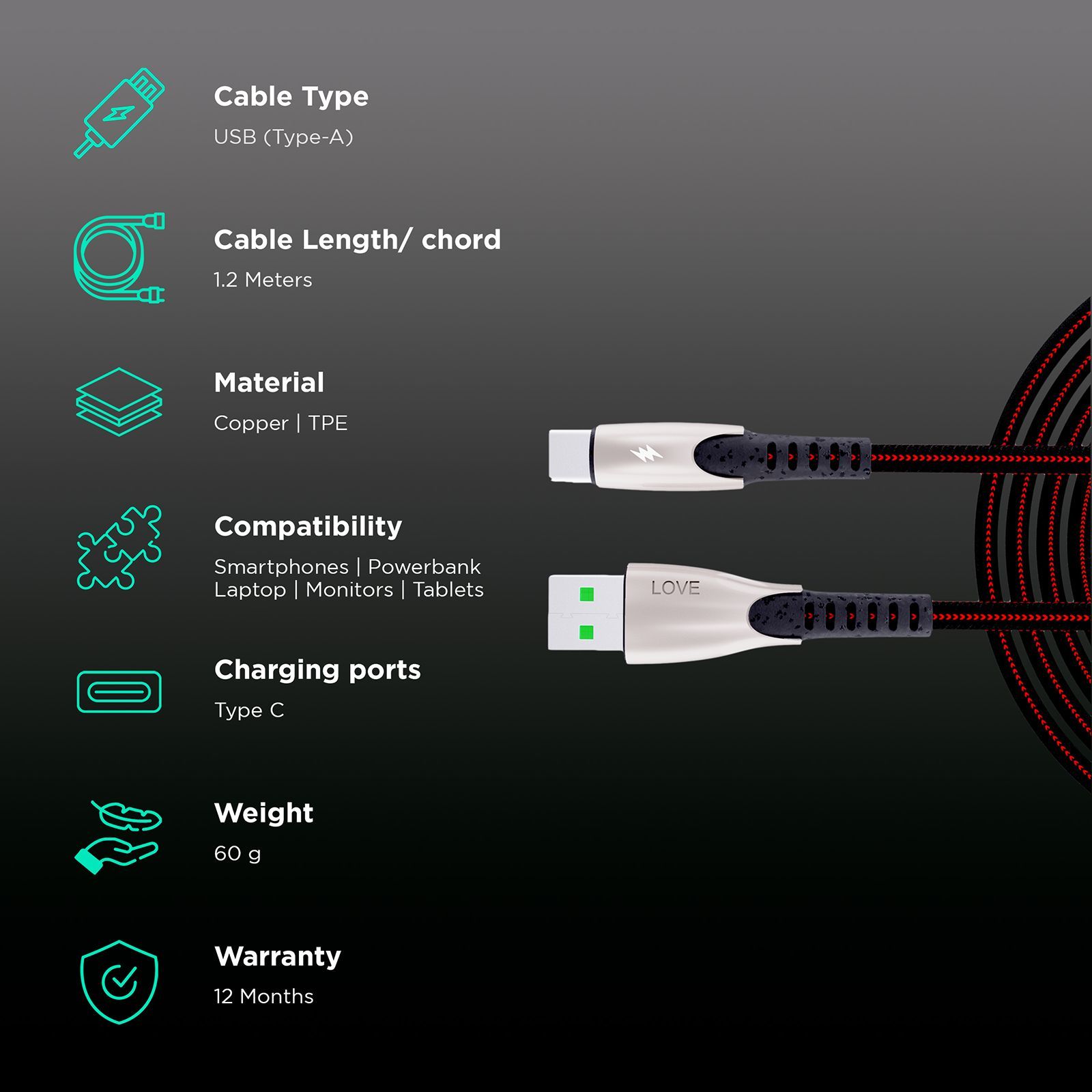 BACK-BRAINERS Love Type A to Type C 3.9 Feet (1.2M) Cable (TPE Braided, Black)_2