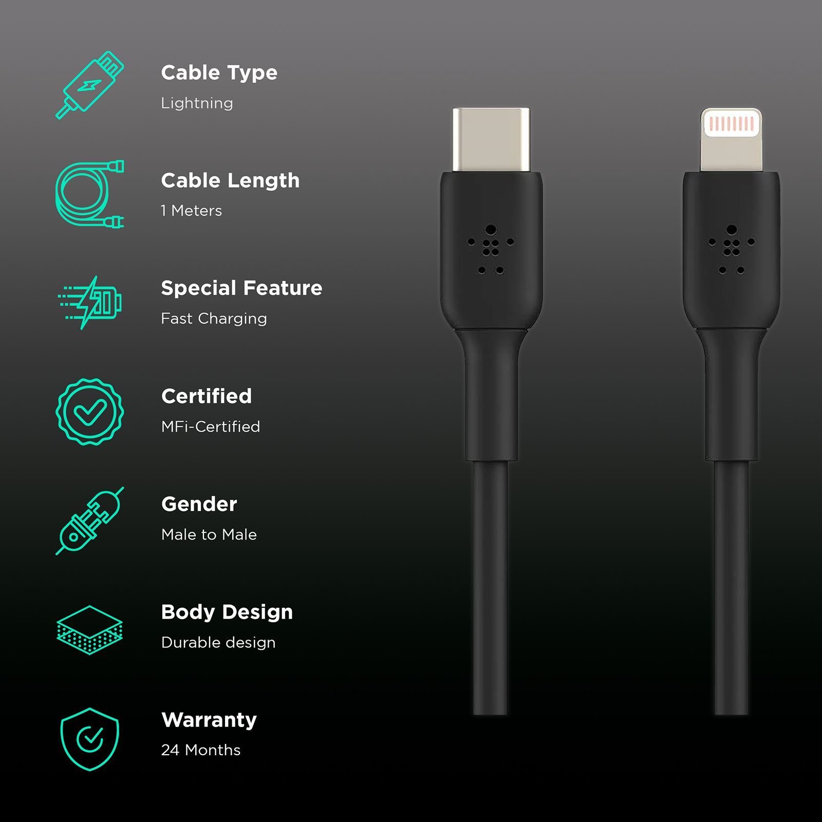 belkin BoostCharge Type C to Lightning Connector 3.3 Feet (1 M) Cable (Withstand 8000+ Bends, Black)_2