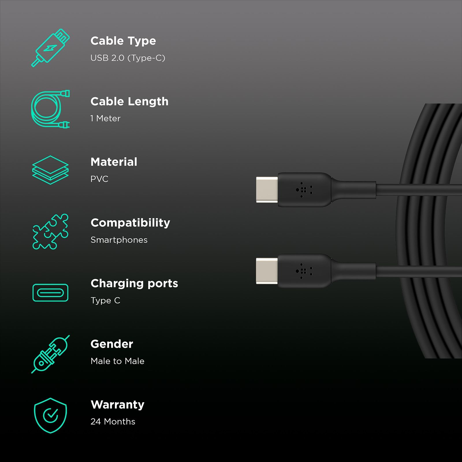 belkin Boost Charge Type C to Type C 3.2 Feet (1M) Cable (PVC Cord, Black)_2