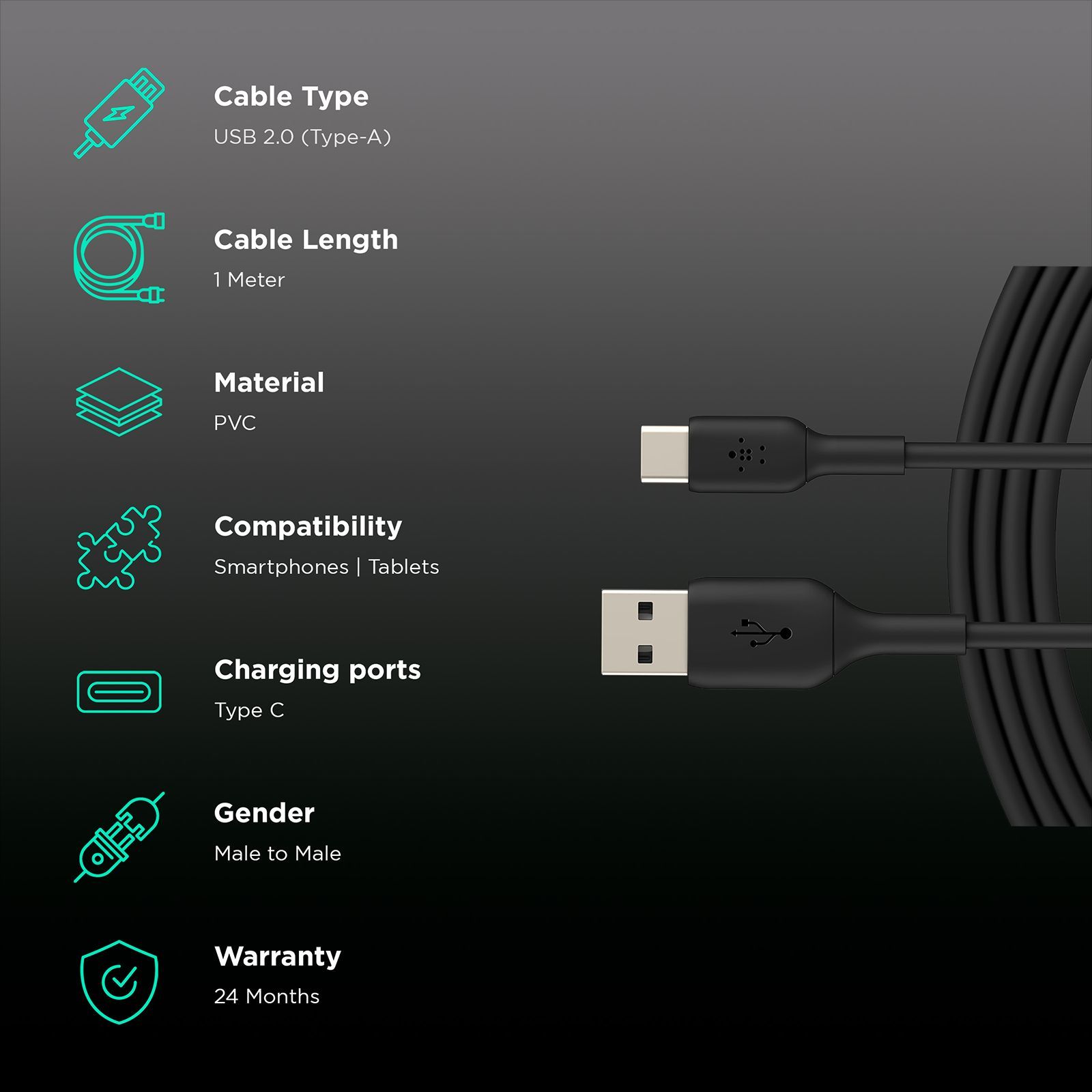 belkin Boost Charge Type C to Type A 3.2 Feet (1M) Cable (PVC Cord, Black)_2