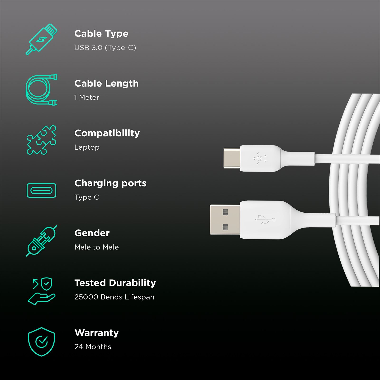 belkin Boost Charge Type C to Type A 3.2 Feet (1M) Cable (PVC Cord, White)_2