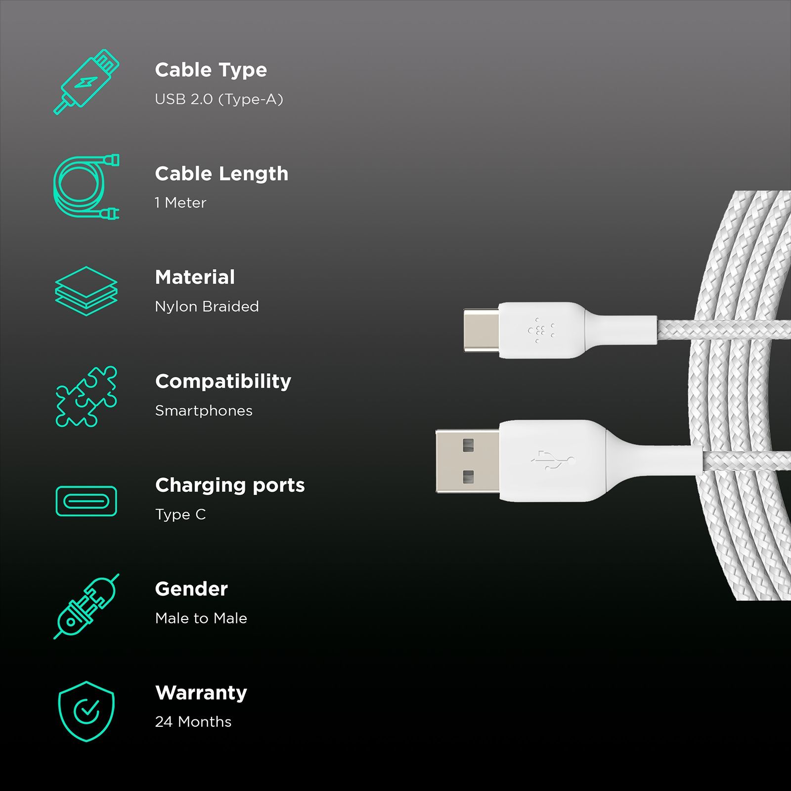belkin Boost Charge Type C to Type A 3.2 Feet (1M) Cable (Nylon Braided, White)_2