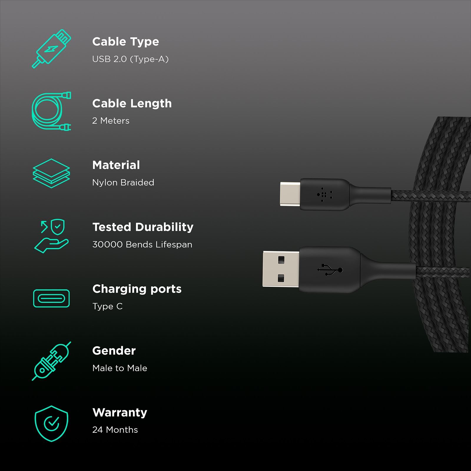 belkin Boost Charge Type C to Type A 6.5 Feet (2M) Cable (Nylon Braided, Black)_2