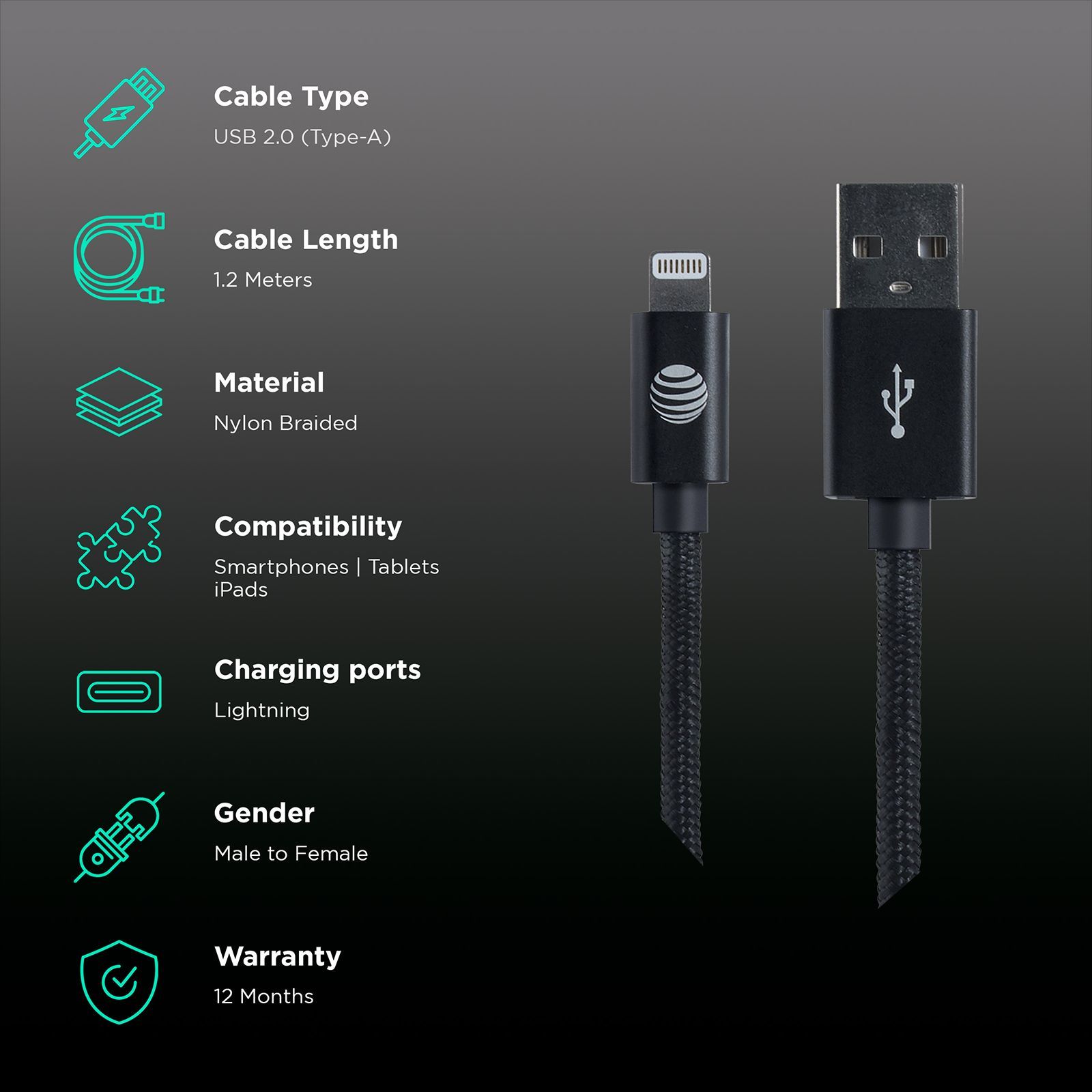 AT&T SC03B Lightning to USB 2.0 (Type-A) 1.2 Meter Power And Charging Cable (MFI-Certified, Black) AT&T SC03B Lightning to USB 2.0 (Type-A) 1.2 Meter Power And Charging Cable (MFI-Certified, Black)_2
