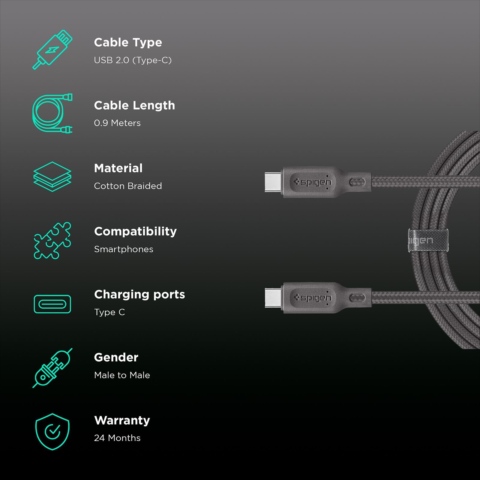 spigen Dura Sync Type C to Type C 2.9 Feet (0.9M) Cable (Fast Charging Supported, Gun Metal)_2