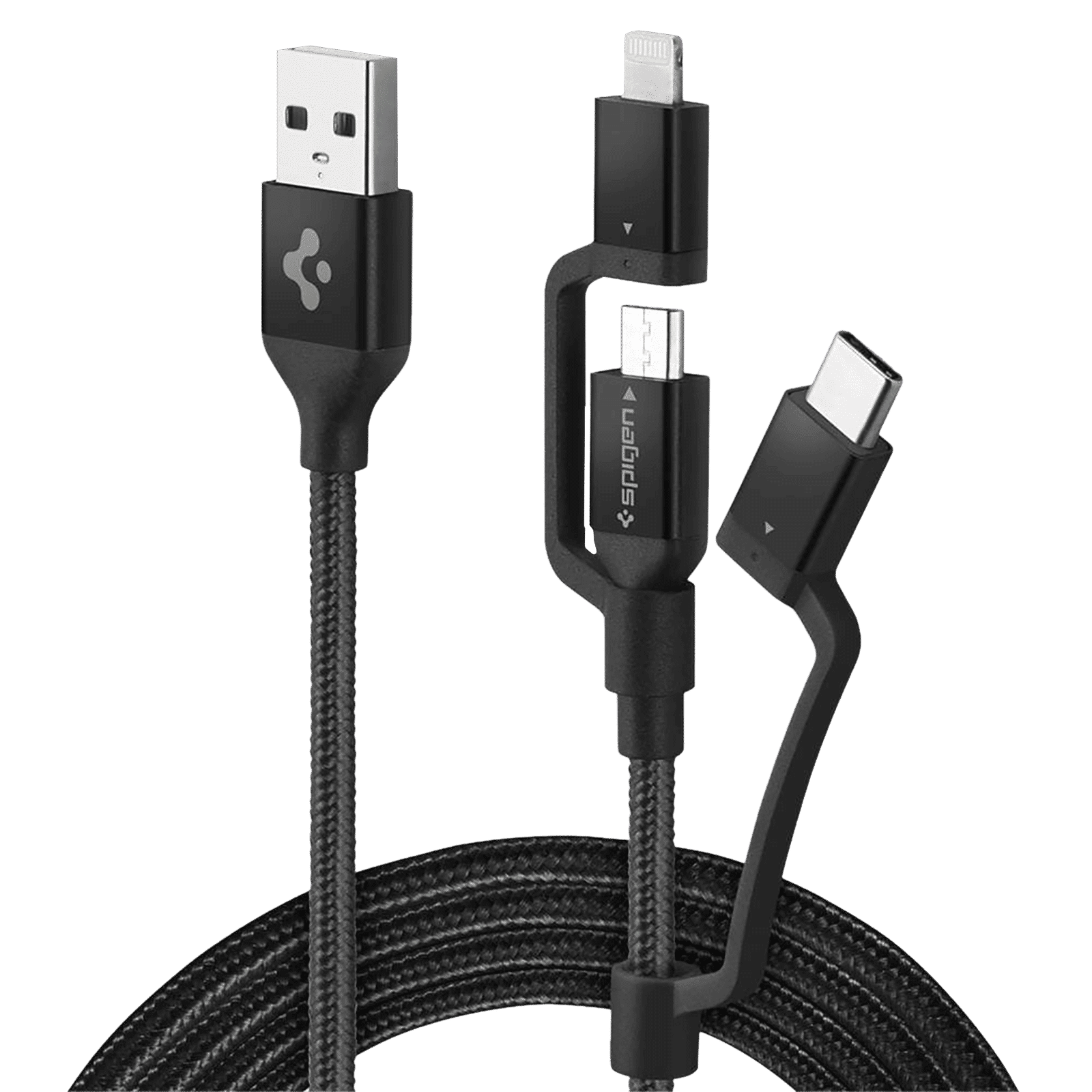 spigen Dura Sync Type A to Type C, Micro USB, Lightning 2.9 Feet (0.9M) 3-in1 Cable (Nylon Braided, Black) spigen Dura Sync Type A to Type C, Micro USB, Lightning 2.9 Feet (0.9M) 3-in1 Cable (Nylon Braided, Black)_1