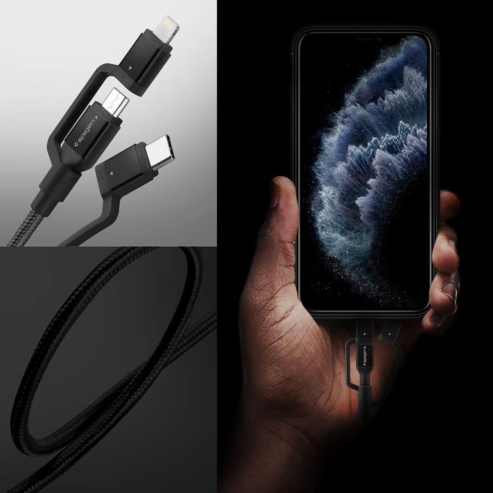 spigen Dura Sync Type A to Type C, Micro USB, Lightning 2.9 Feet (0.9M) 3-in1 Cable (Nylon Braided, Black) spigen Dura Sync Type A to Type C, Micro USB, Lightning 2.9 Feet (0.9M) 3-in1 Cable (Nylon Braided, Black)_12