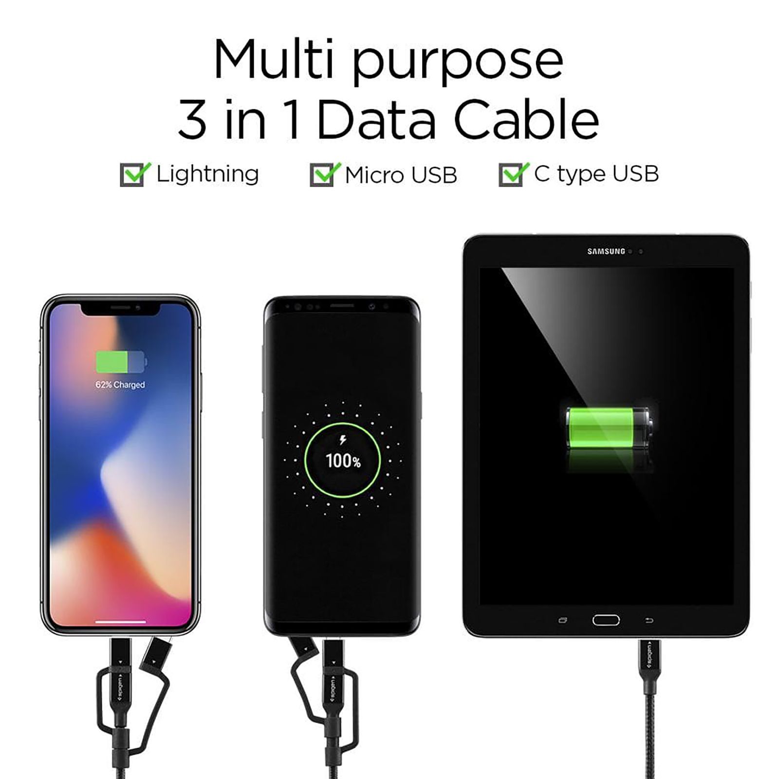 spigen Dura Sync Type A to Type C, Micro USB, Lightning 2.9 Feet (0.9M) 3-in1 Cable (Nylon Braided, Black) spigen Dura Sync Type A to Type C, Micro USB, Lightning 2.9 Feet (0.9M) 3-in1 Cable (Nylon Braided, Black)_14