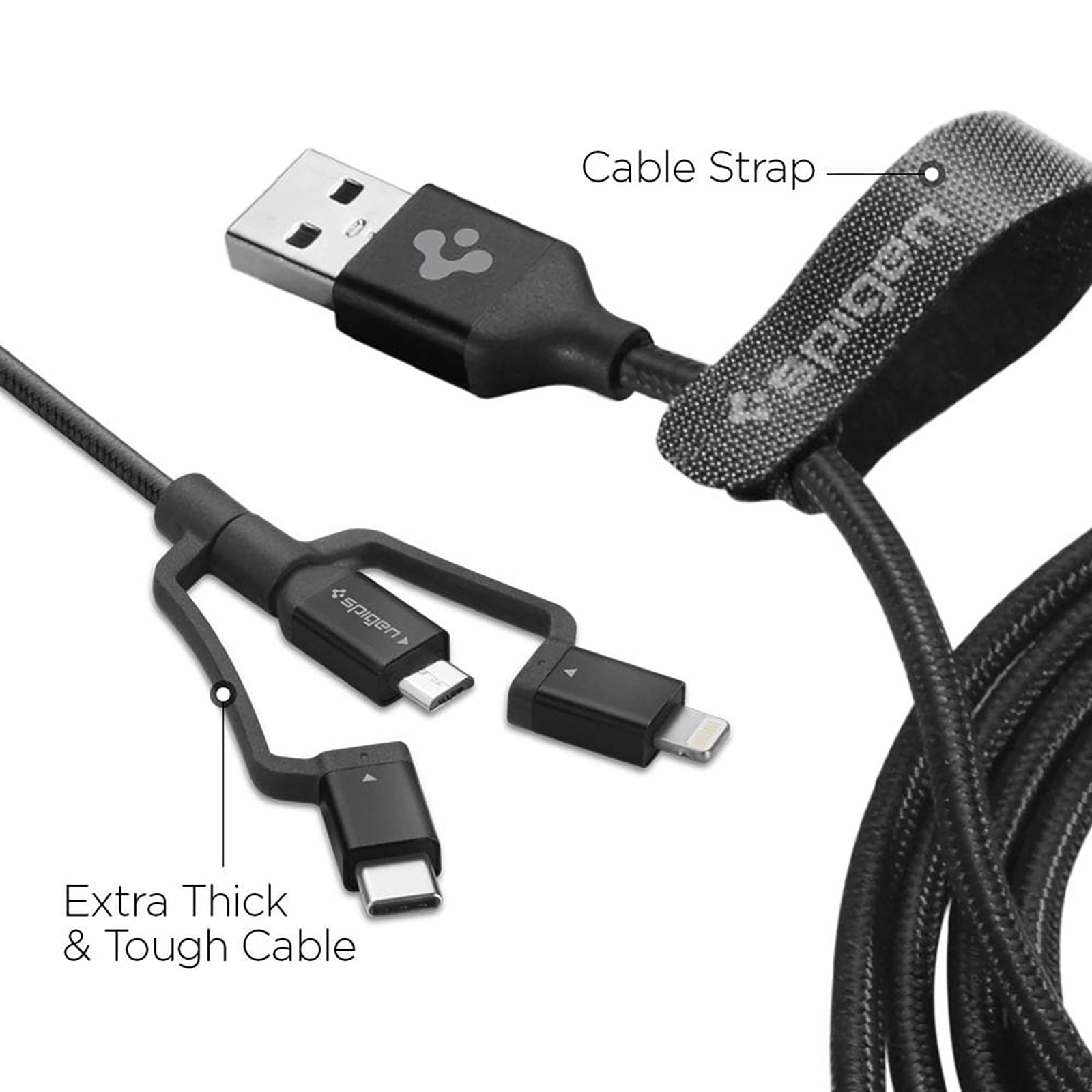 spigen Dura Sync Type A to Type C, Micro USB, Lightning 2.9 Feet (0.9M) 3-in1 Cable (Nylon Braided, Black) spigen Dura Sync Type A to Type C, Micro USB, Lightning 2.9 Feet (0.9M) 3-in1 Cable (Nylon Braided, Black)_17