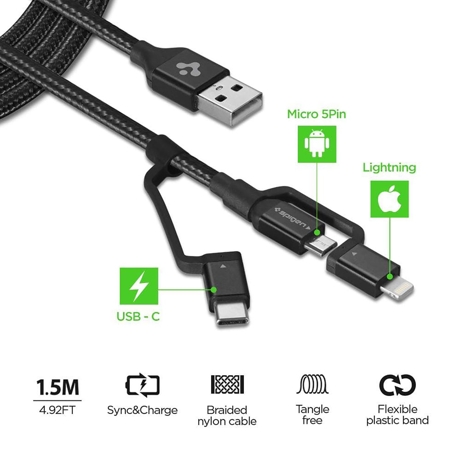 spigen Dura Sync Type A to Type C, Micro USB, Lightning 2.9 Feet (0.9M) 3-in1 Cable (Nylon Braided, Black) spigen Dura Sync Type A to Type C, Micro USB, Lightning 2.9 Feet (0.9M) 3-in1 Cable (Nylon Braided, Black)_18
