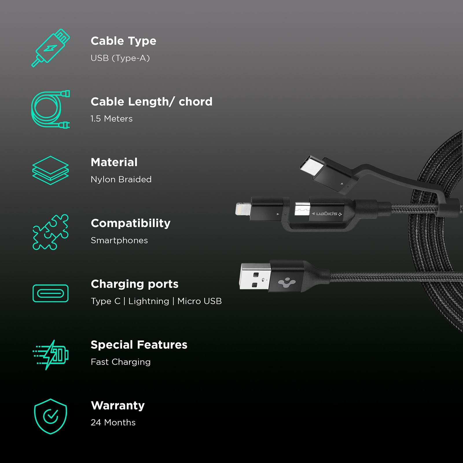 spigen Dura Sync Type A to Type C, Micro USB, Lightning 2.9 Feet (0.9M) 3-in1 Cable (Nylon Braided, Black) spigen Dura Sync Type A to Type C, Micro USB, Lightning 2.9 Feet (0.9M) 3-in1 Cable (Nylon Braided, Black)_2