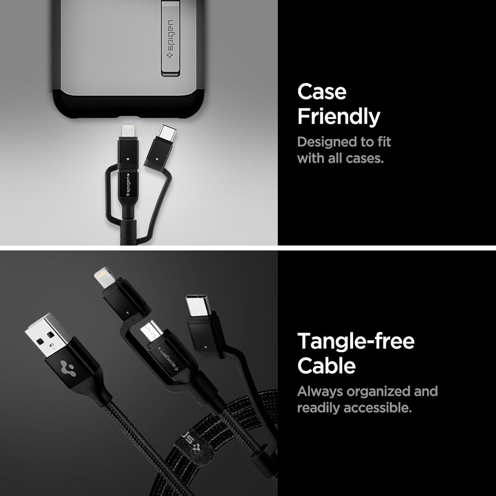 spigen Dura Sync Type A to Type C, Micro USB, Lightning 2.9 Feet (0.9M) 3-in1 Cable (Nylon Braided, Black) spigen Dura Sync Type A to Type C, Micro USB, Lightning 2.9 Feet (0.9M) 3-in1 Cable (Nylon Braided, Black)_9