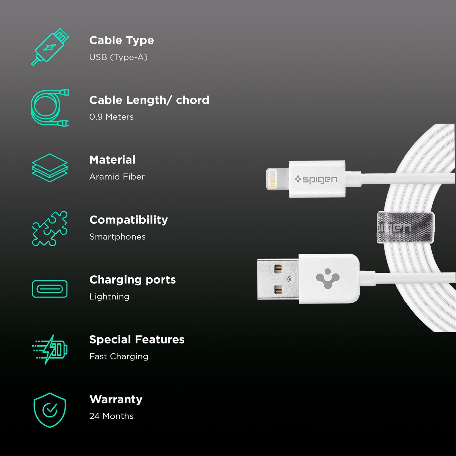 spigen 000CB24457 Type A to Lightning 2.9 Feet (0.9M) Cable (Quick Charge 3.0, White)_2