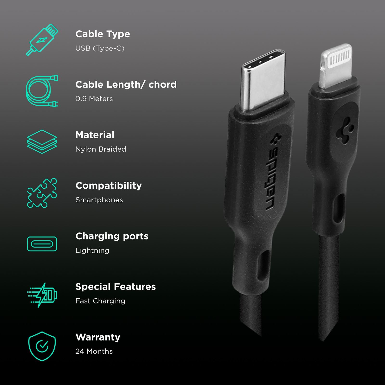 spigen Dura Sync Type C to Lightning 3.2 Feet (1M) Cable (Fast Charging Supported, Black)_2