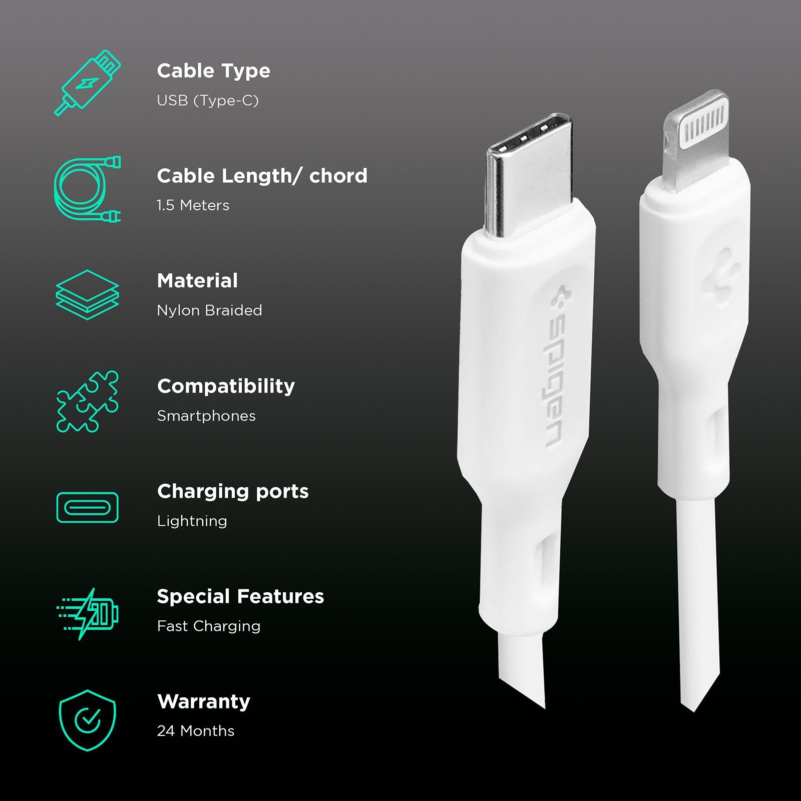 spigen Dura Sync Type C to Lightning 4.9 Feet (1.5M) Cable (Fast Charging Supported, White)_2