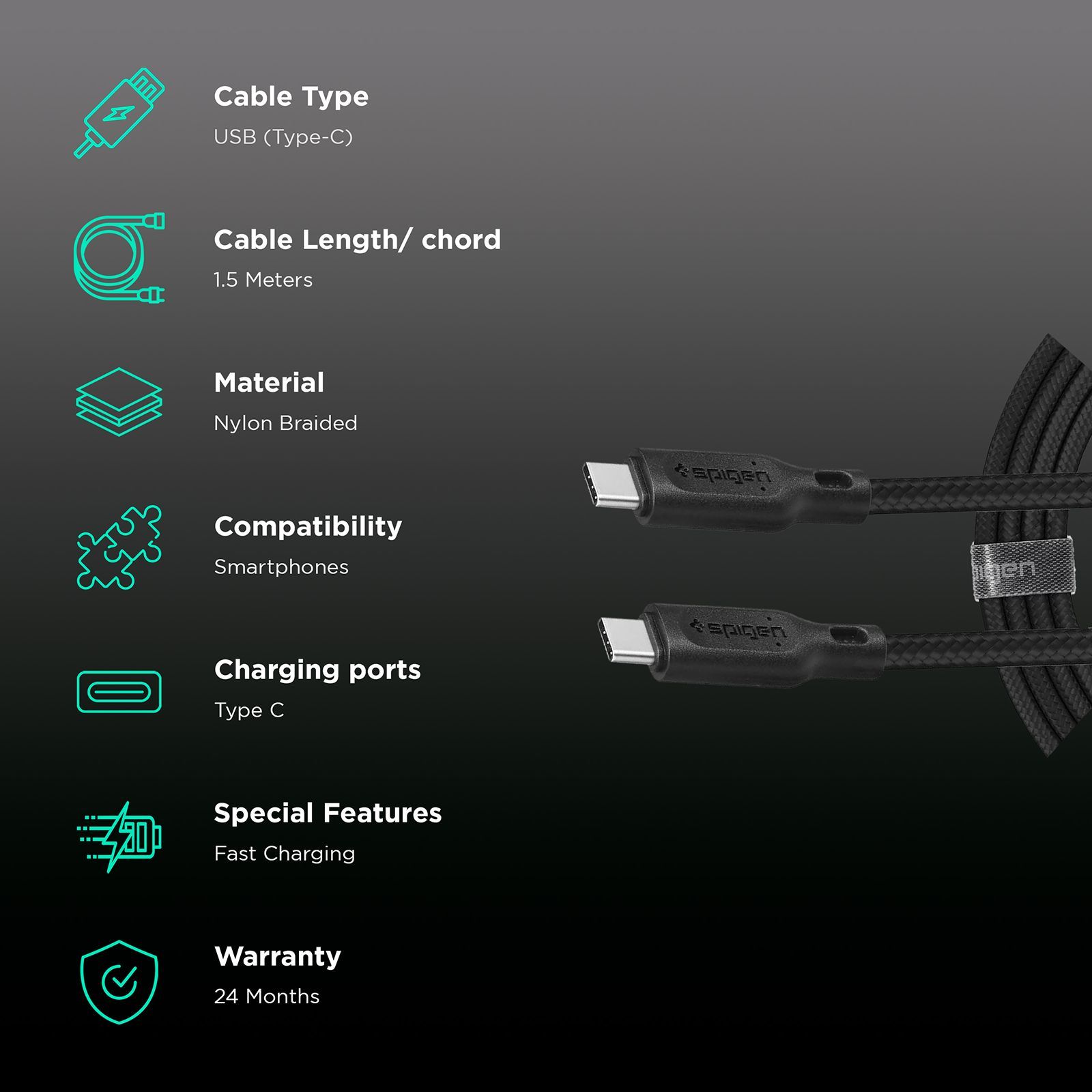 spigen Dura Sync Type C to Type C 4.9 Feet (1.5M) Cable (Nylon Braided, White)_2