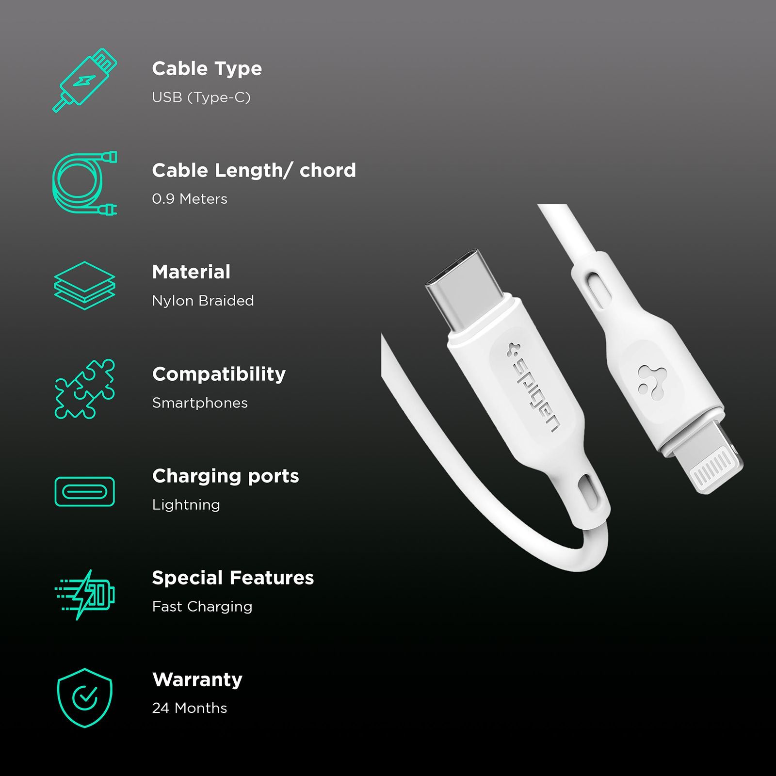 spigen Dura Sync Type C to Lightning 2.9 Feet (0.9M) Cable (Nylon Braided, White)_2