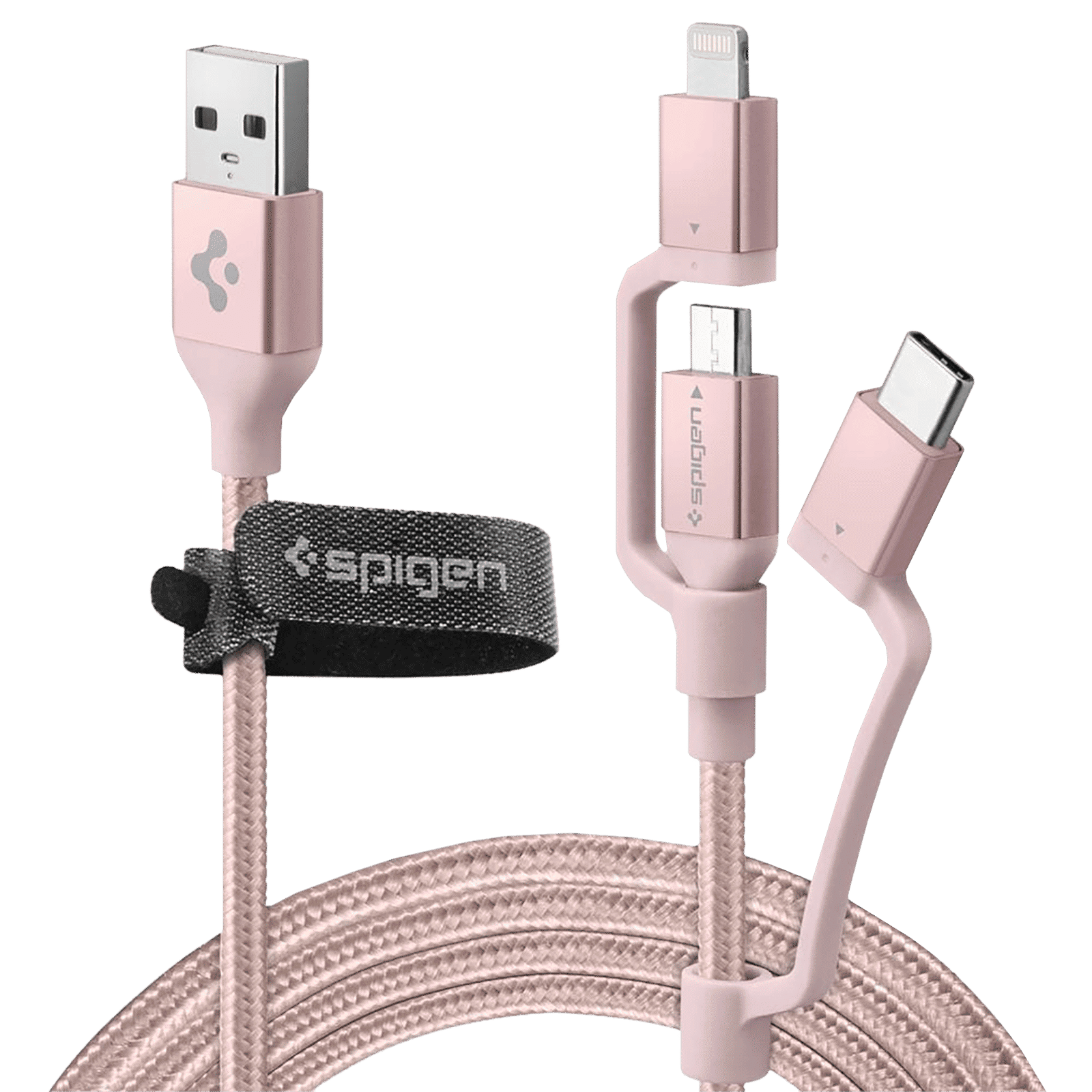 spigen Dura Sync Type A to Type C, Micro USB, Lightning 4.9 Feet (1.5M) 3-in1 Cable (Nylon Braided, Pink)_1