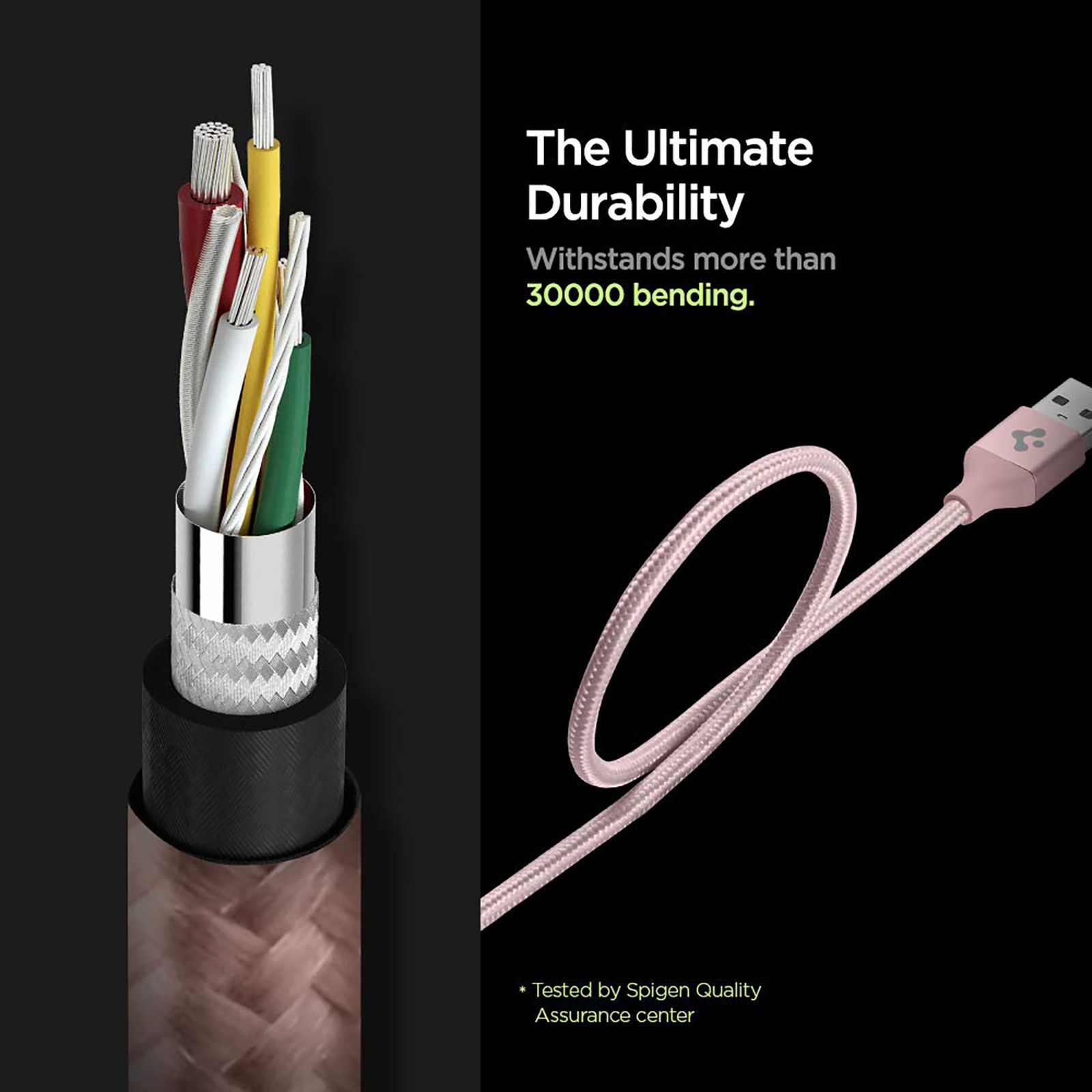 spigen Dura Sync Type A to Type C, Micro USB, Lightning 4.9 Feet (1.5M) 3-in1 Cable (Nylon Braided, Pink)_7