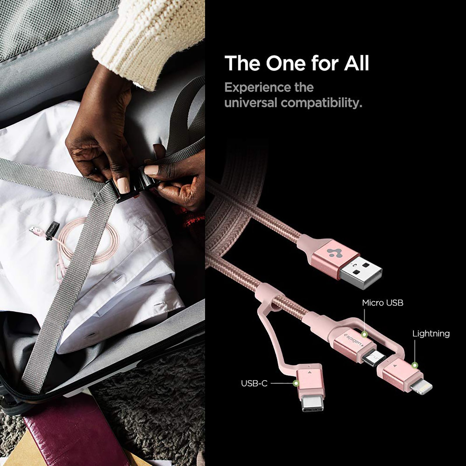 spigen Dura Sync Type A to Type C, Micro USB, Lightning 4.9 Feet (1.5M) 3-in1 Cable (Nylon Braided, Pink)_8