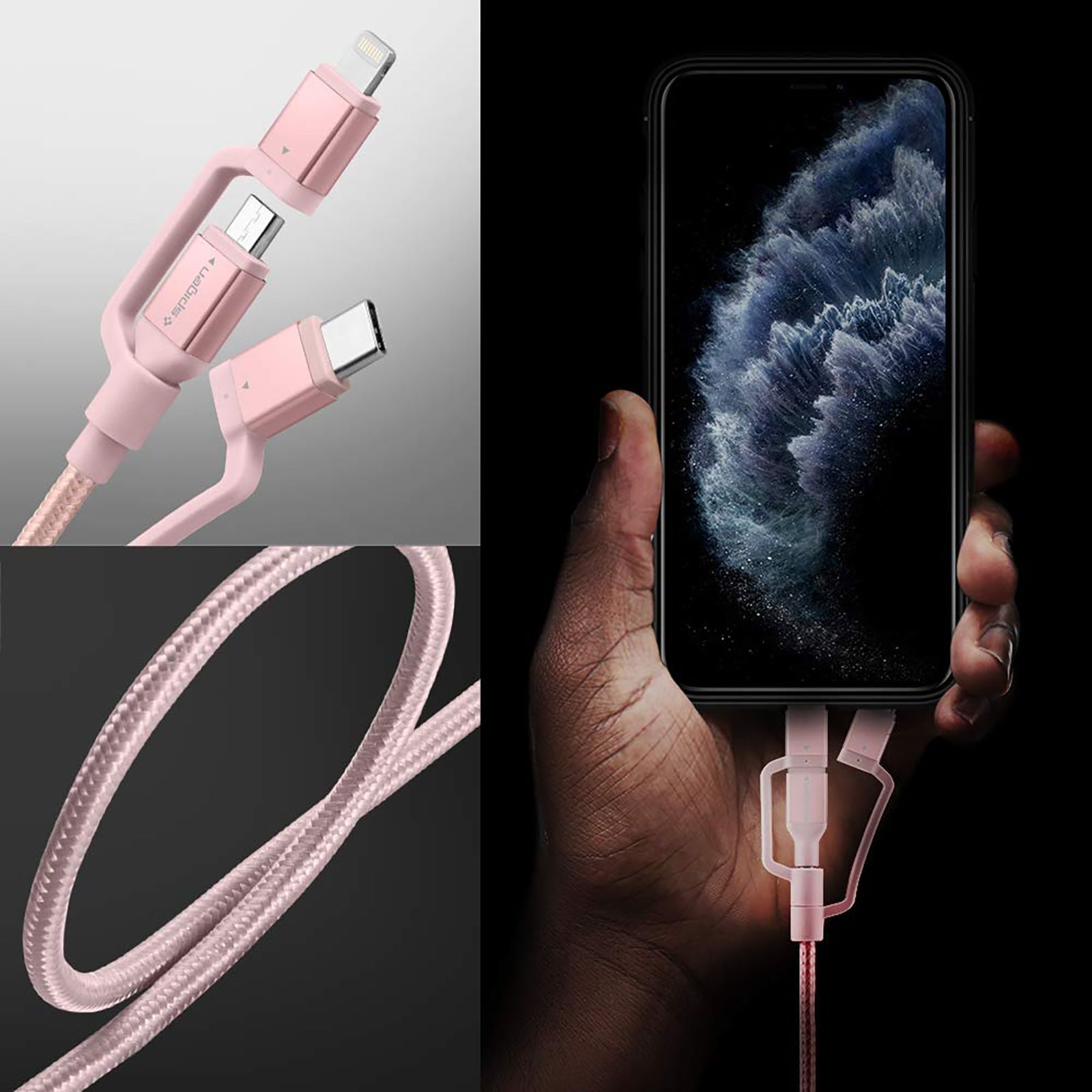 spigen Dura Sync Type A to Type C, Micro USB, Lightning 4.9 Feet (1.5M) 3-in1 Cable (Nylon Braided, Pink)_9