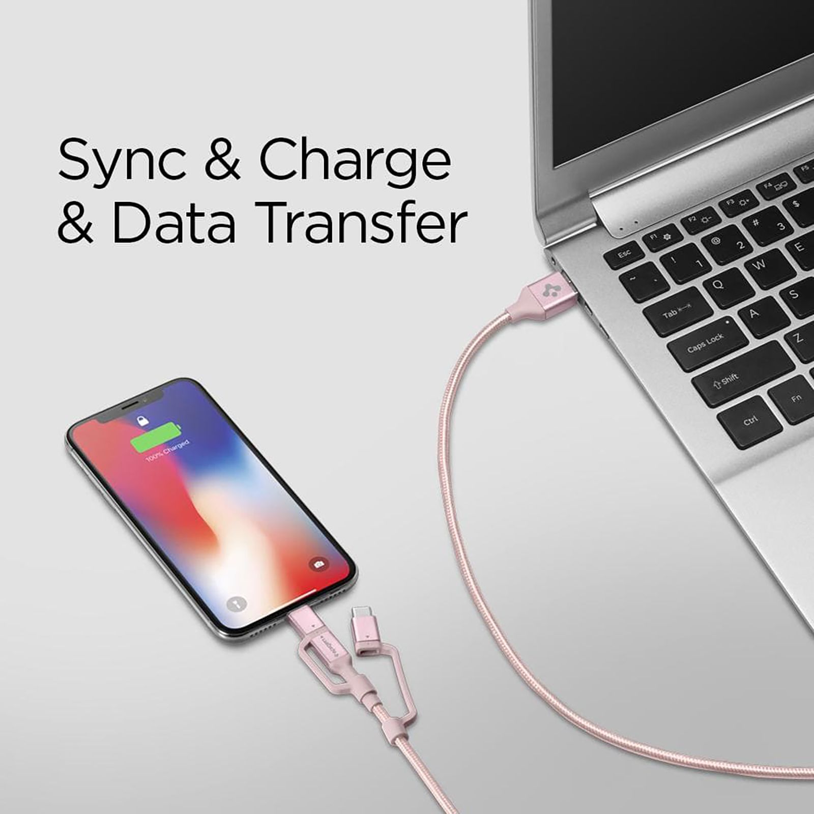 spigen Dura Sync Type A to Type C, Micro USB, Lightning 4.9 Feet (1.5M) 3-in1 Cable (Nylon Braided, Pink)_10