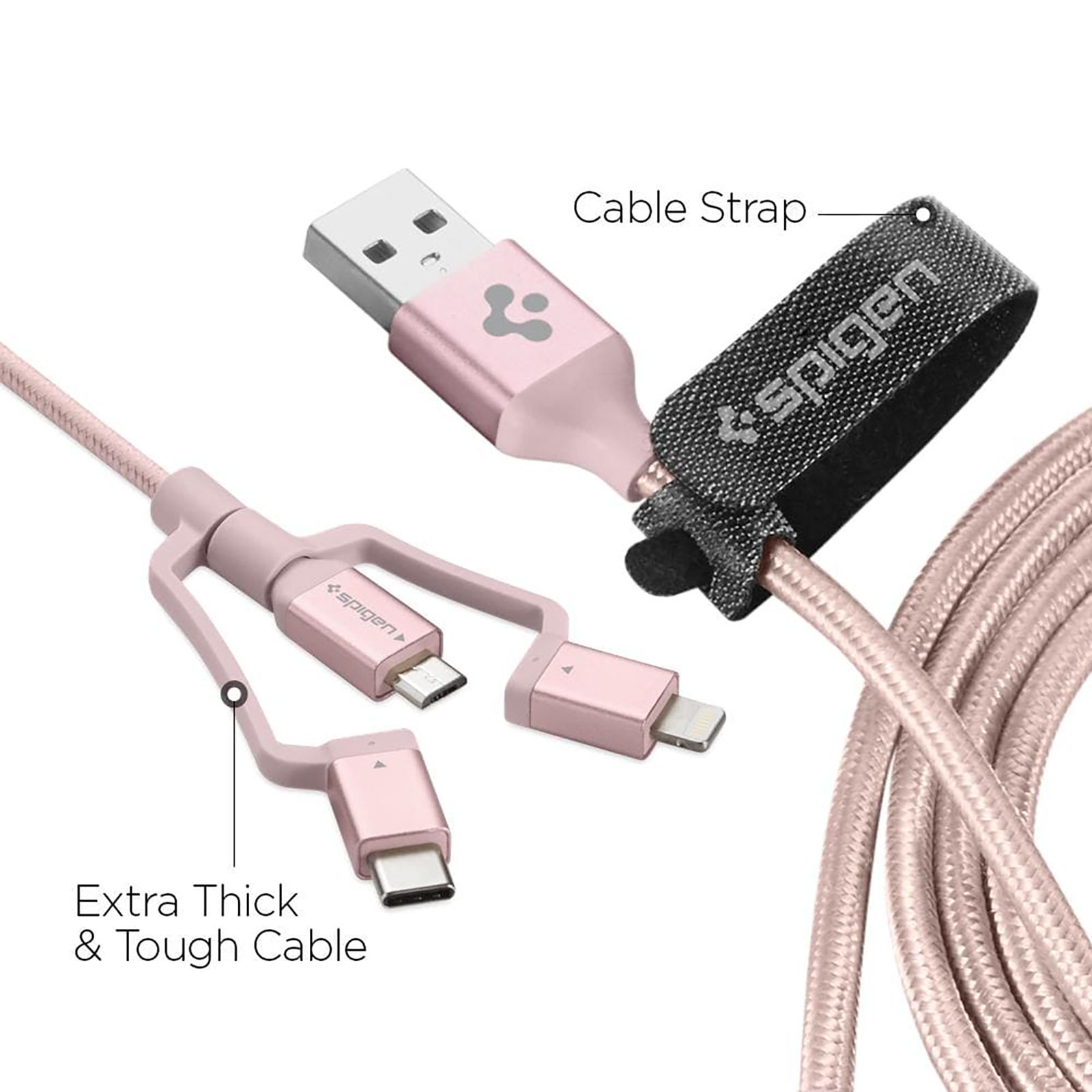 spigen Dura Sync Type A to Type C, Micro USB, Lightning 4.9 Feet (1.5M) 3-in1 Cable (Nylon Braided, Pink)_14