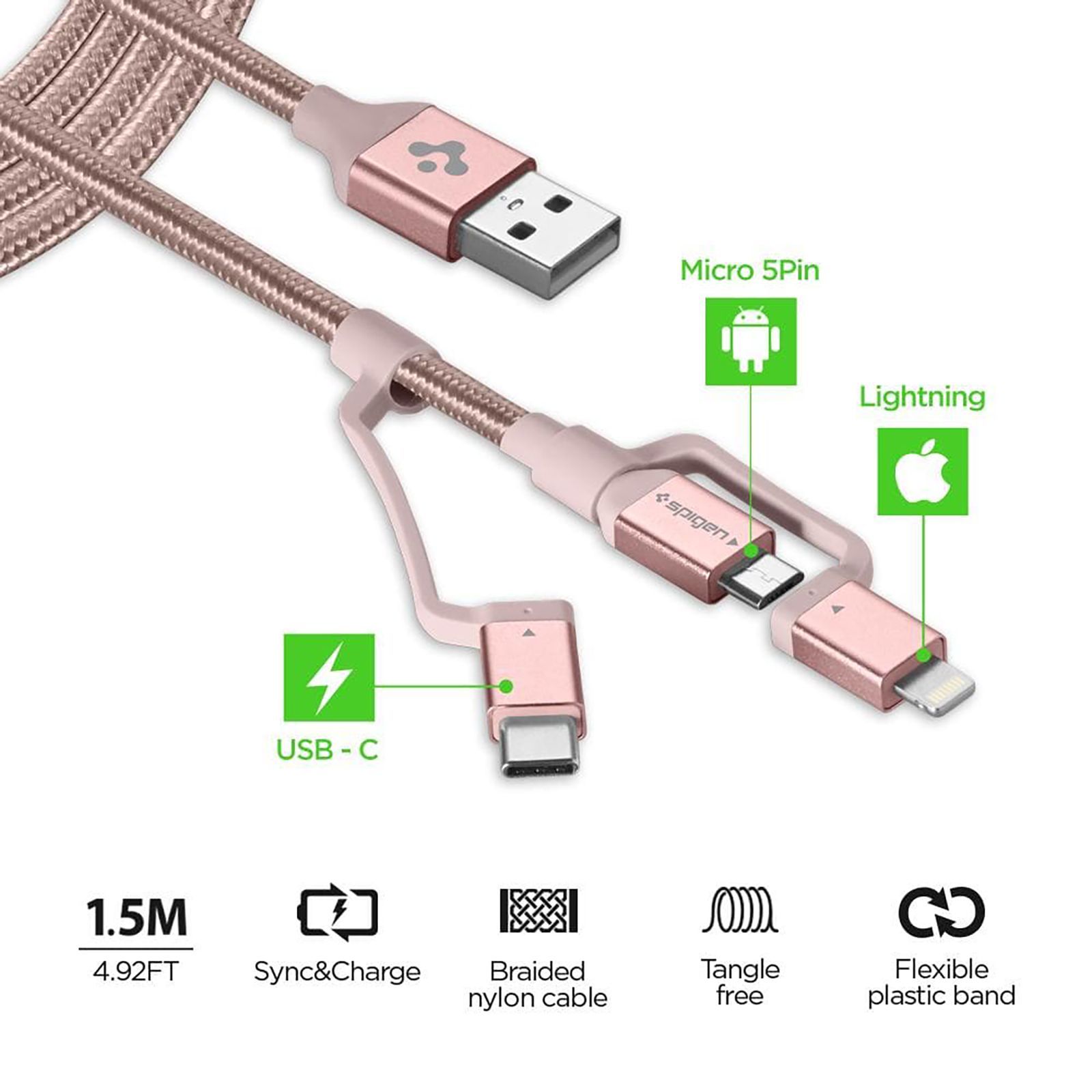 spigen Dura Sync Type A to Type C, Micro USB, Lightning 4.9 Feet (1.5M) 3-in1 Cable (Nylon Braided, Pink)_15