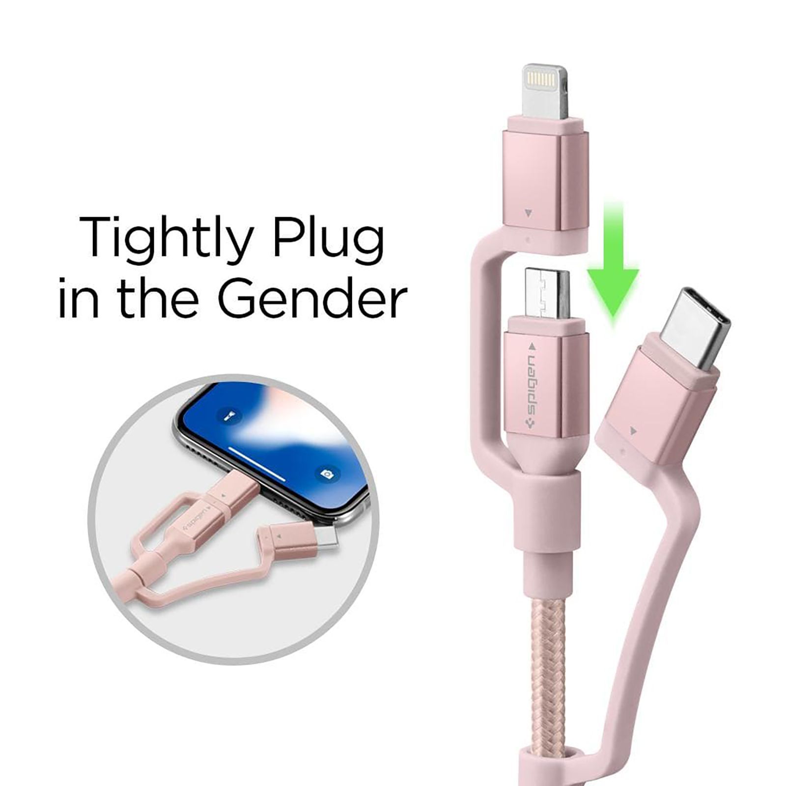 spigen Dura Sync Type A to Type C, Micro USB, Lightning 4.9 Feet (1.5M) 3-in1 Cable (Nylon Braided, Pink)_16