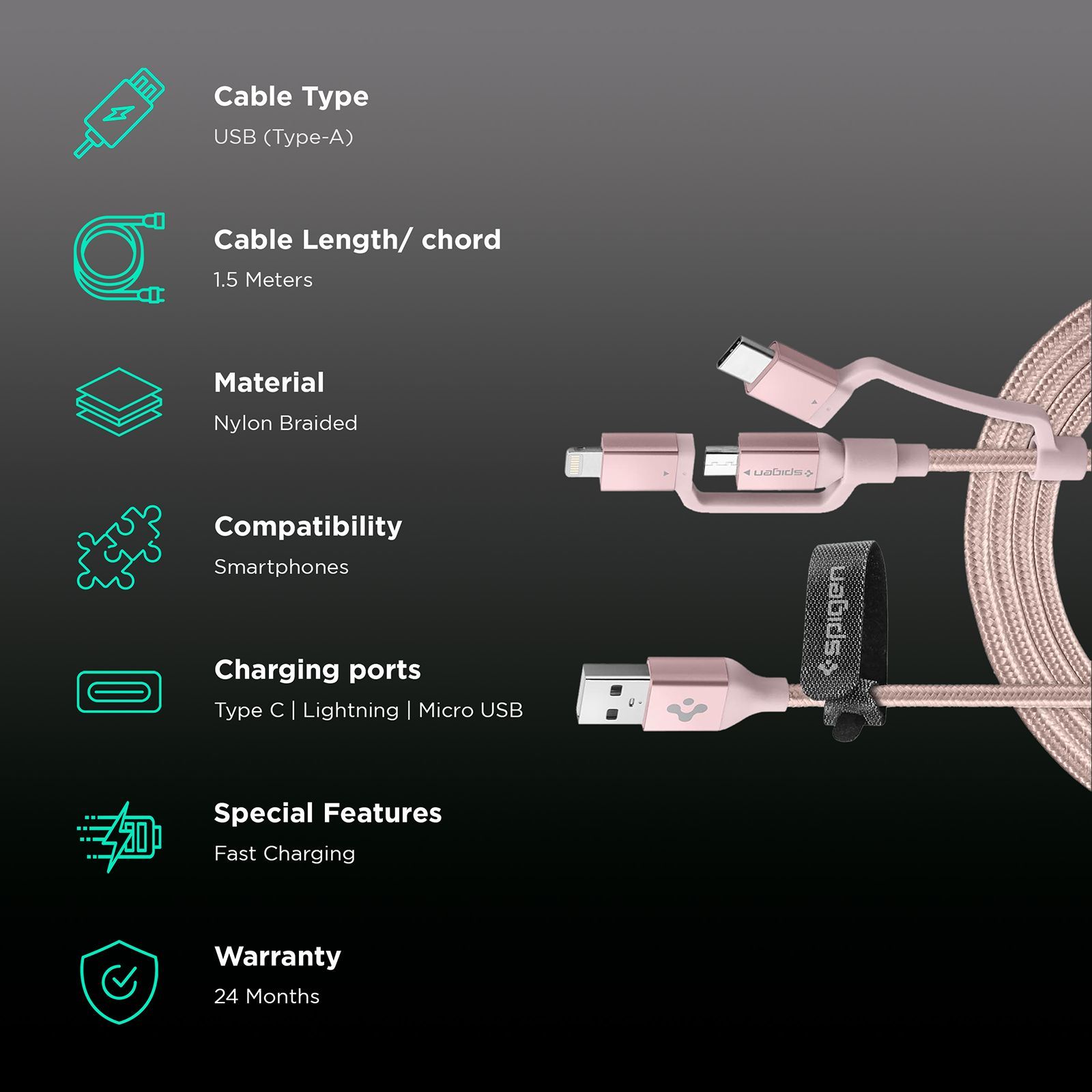 spigen Dura Sync Type A to Type C, Micro USB, Lightning 4.9 Feet (1.5M) 3-in1 Cable (Nylon Braided, Pink)_2