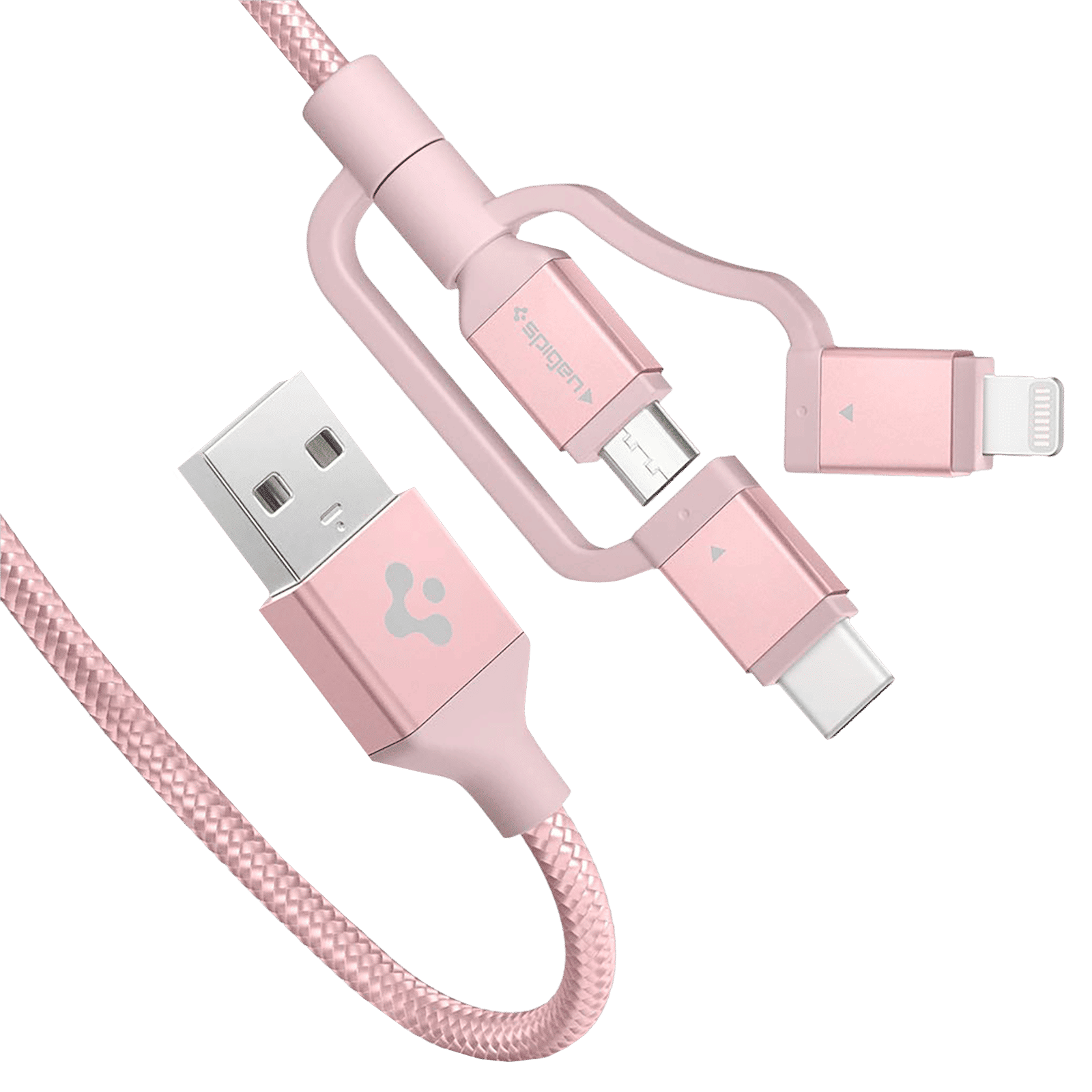 spigen Dura Sync Type A to Type C, Micro USB, Lightning 4.9 Feet (1.5M) 3-in1 Cable (Nylon Braided, Pink)_3