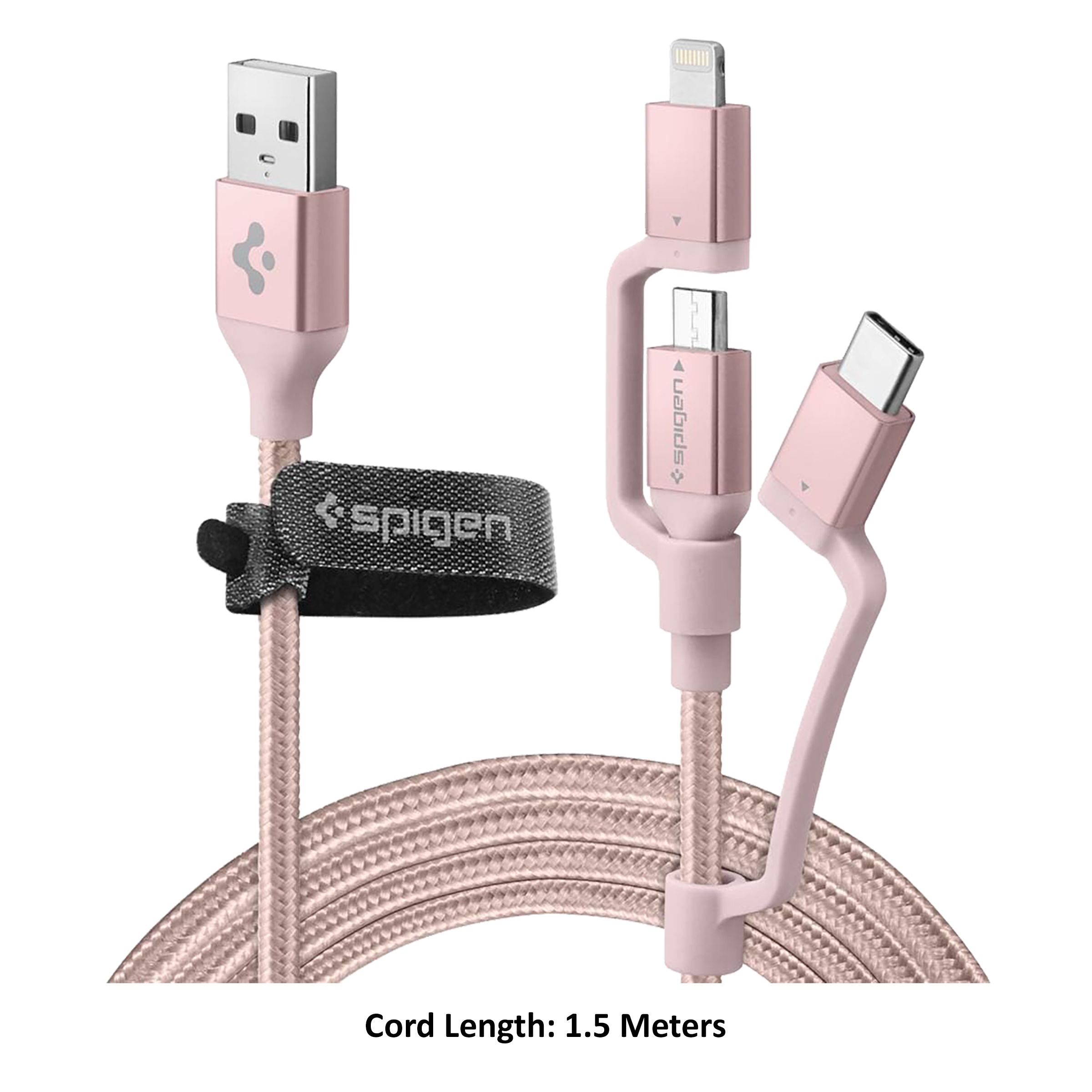 spigen Dura Sync Type A to Type C, Micro USB, Lightning 4.9 Feet (1.5M) 3-in1 Cable (Nylon Braided, Pink)_4