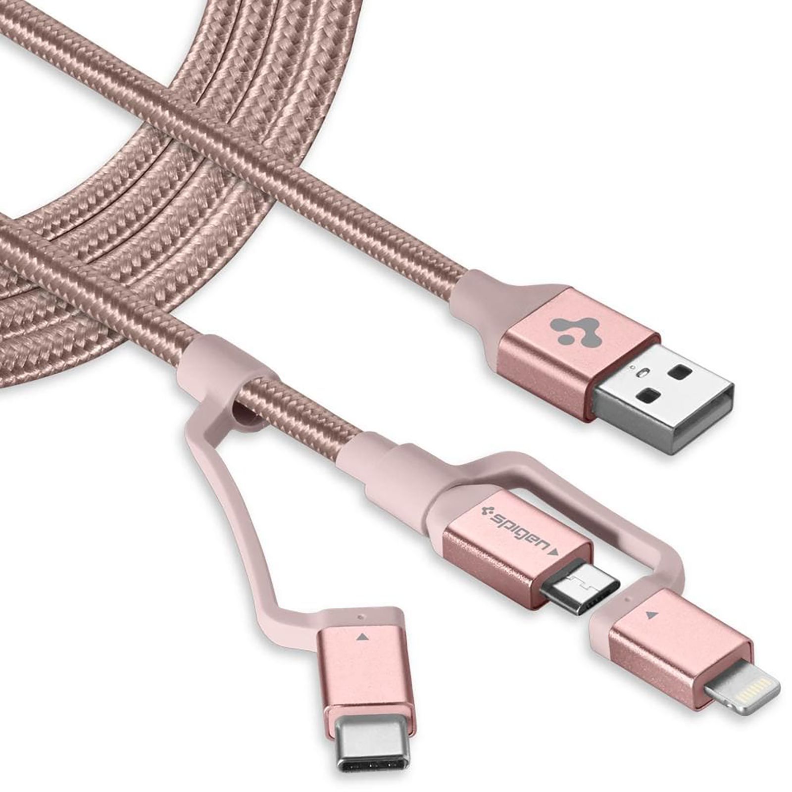 spigen Dura Sync Type A to Type C, Micro USB, Lightning 4.9 Feet (1.5M) 3-in1 Cable (Nylon Braided, Pink)_5