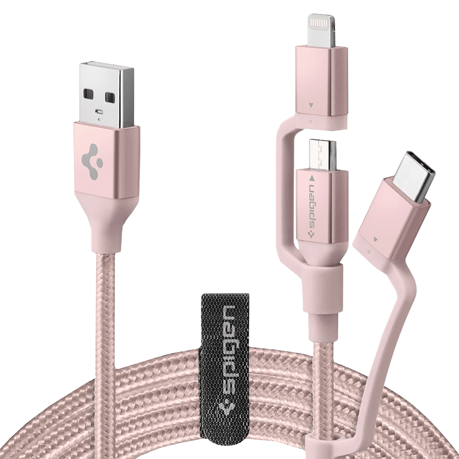 spigen Dura Sync Type A to Type C, Micro USB, Lightning 4.9 Feet (1.5M) 3-in1 Cable (Nylon Braided, Pink)_6