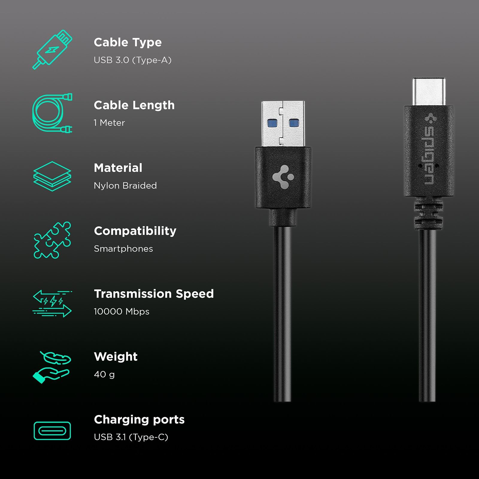 spigen SGP11579 Type A to Type C 3.2 Feet (1M) Cable (Nylon Braided, Black)_2