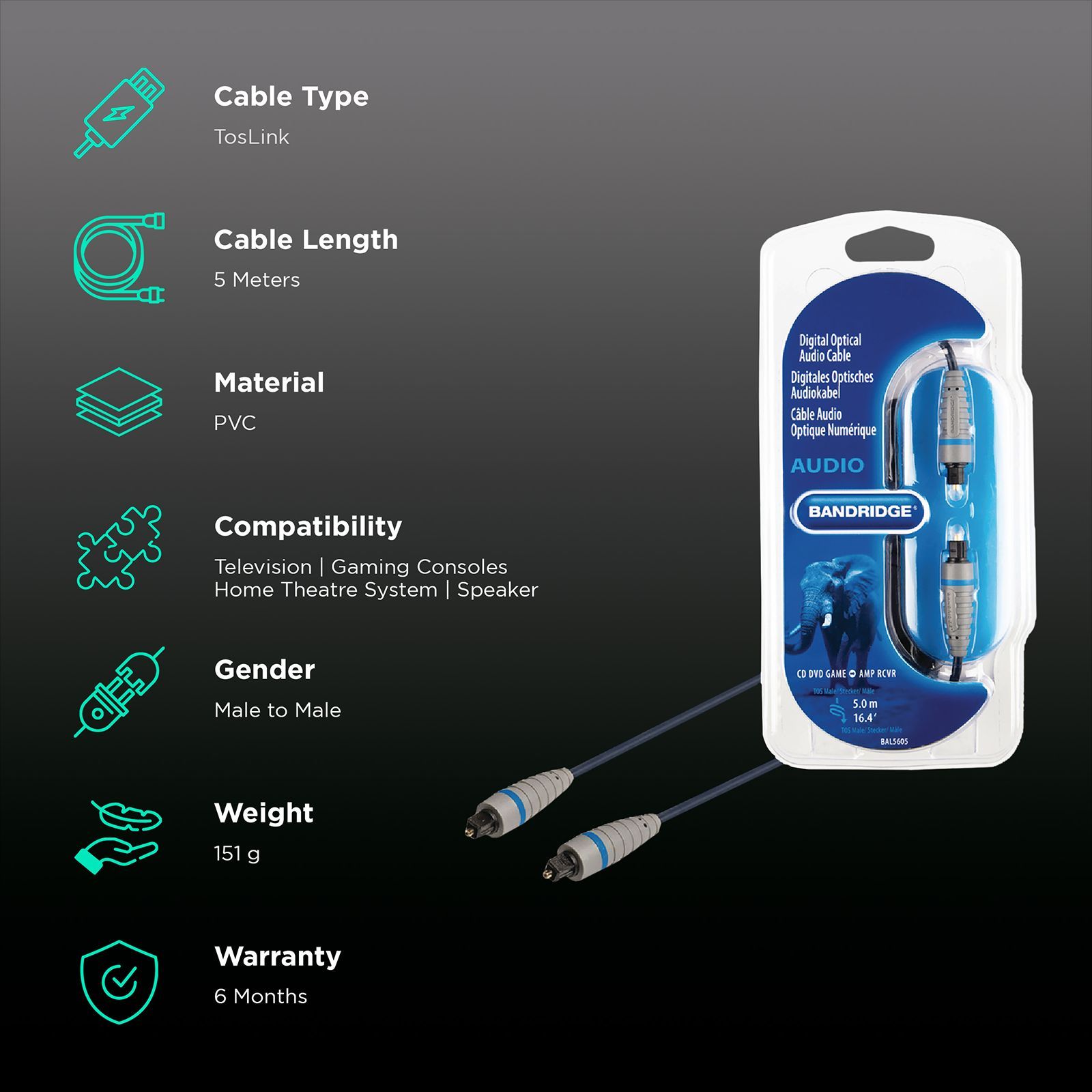 Bandridge BAL5605 PVC 5 Meter TosLink to TosLink Audio Cable (Oxygen Free Inner Copper, Blue)_2