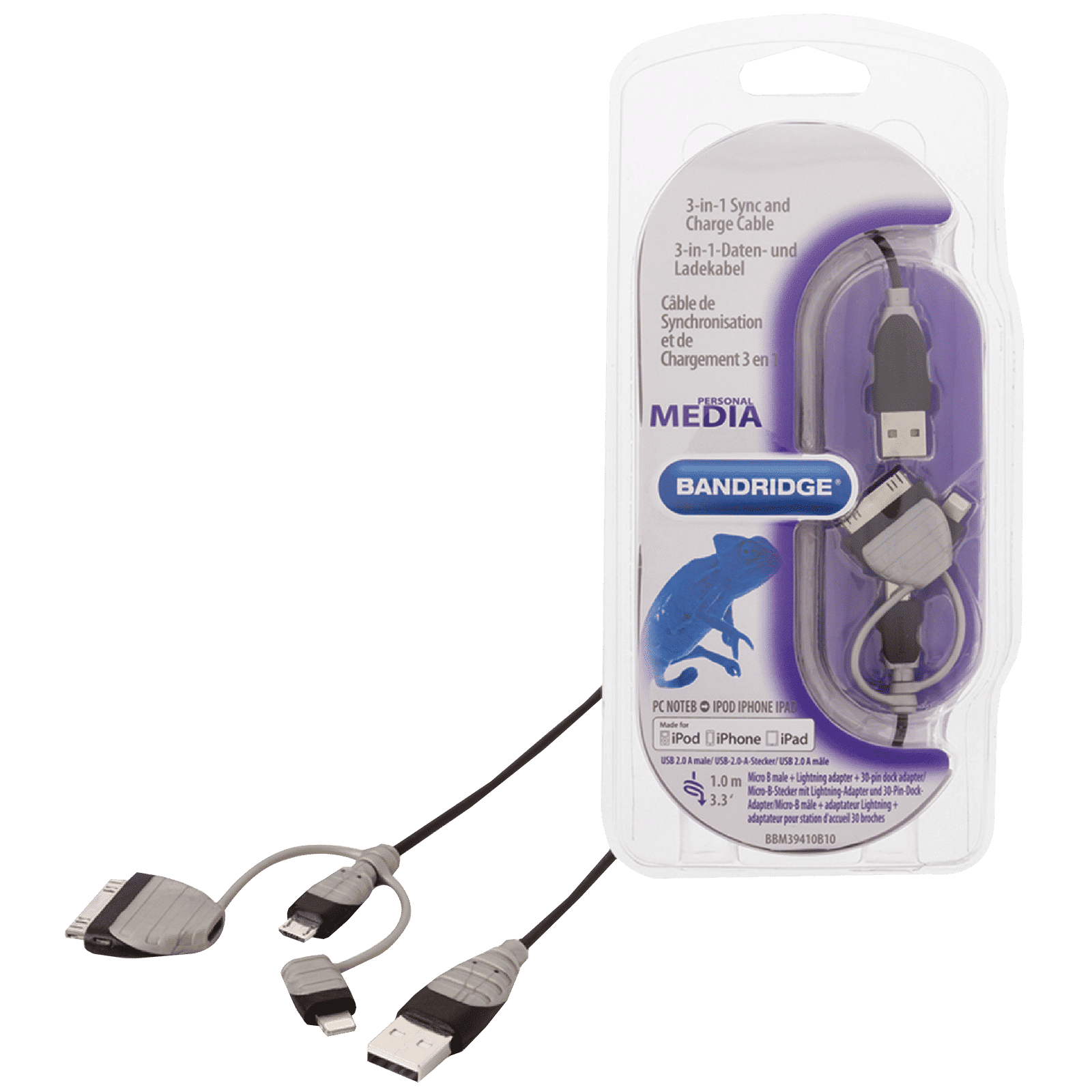 Bandridge BBM39410B10 Type A to Lightning, Micro USB 3.2 Feet (1M) 3-in1 Cable (Sync and Charging, Black)_1