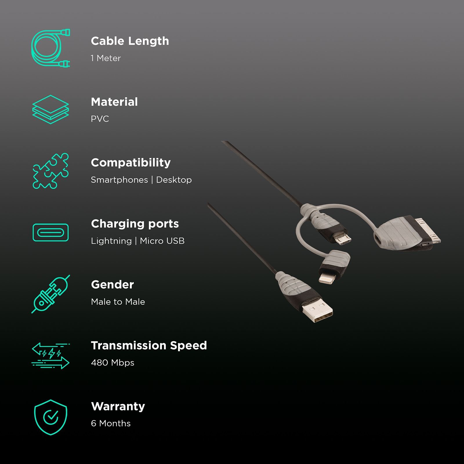 Bandridge BBM39410B10 Type A to Lightning, Micro USB 3.2 Feet (1M) 3-in1 Cable (Sync and Charging, Black)_2