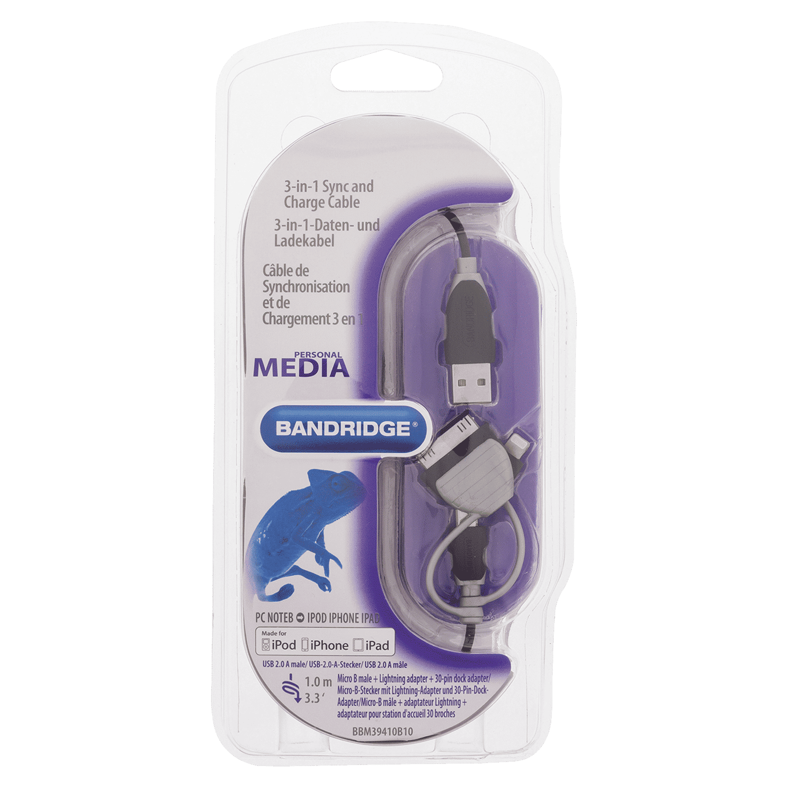 Bandridge BBM39410B10 Type A to Lightning, Micro USB 3.2 Feet (1M) 3-in1 Cable (Sync and Charging, Black)_7