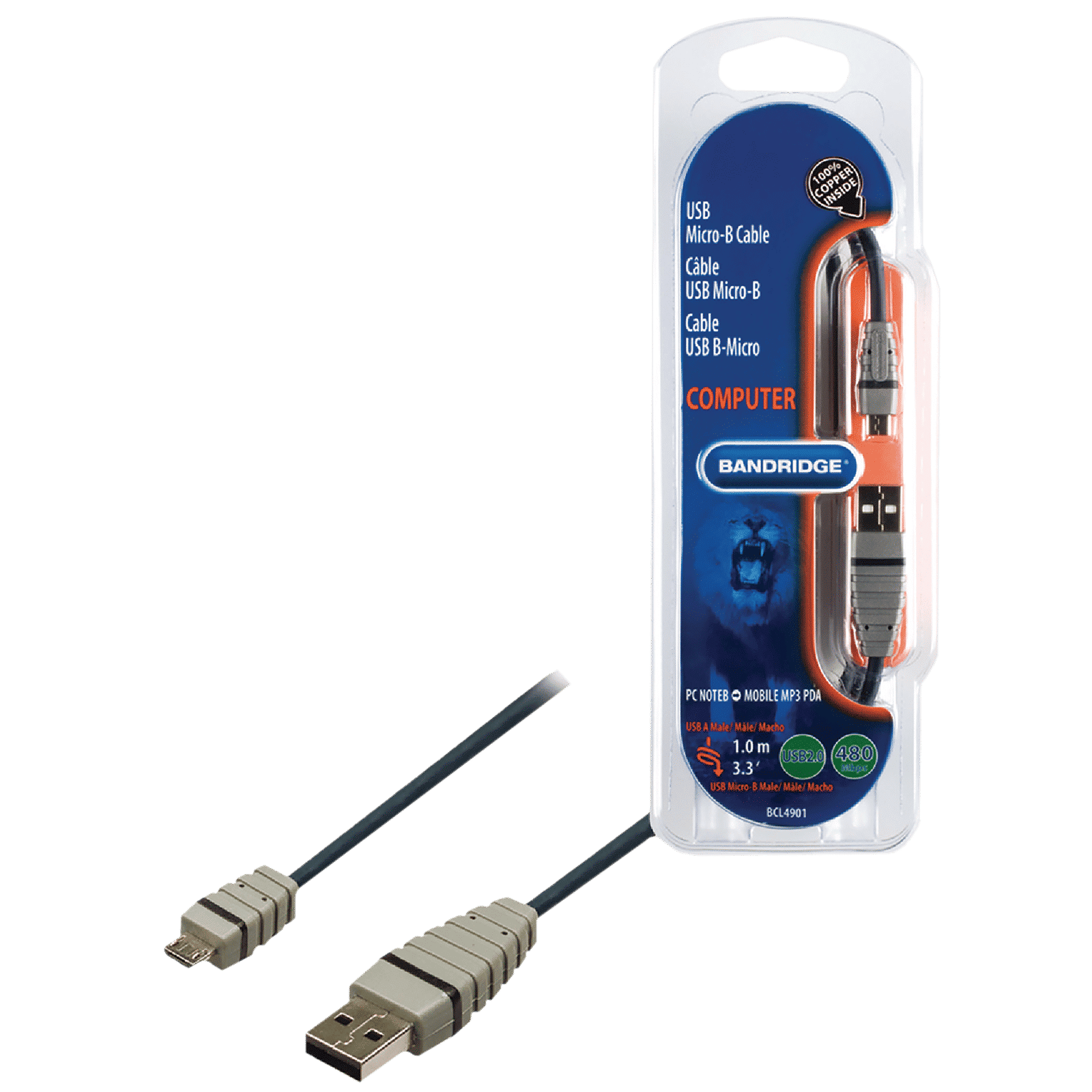 Bandridge BCL4901 PVC 1 Meter USB 2.0 (Type-A) to Micro USB 2.0 (Type-B) Power/Charging USB Cable (Copper Inside, Blue)_1
