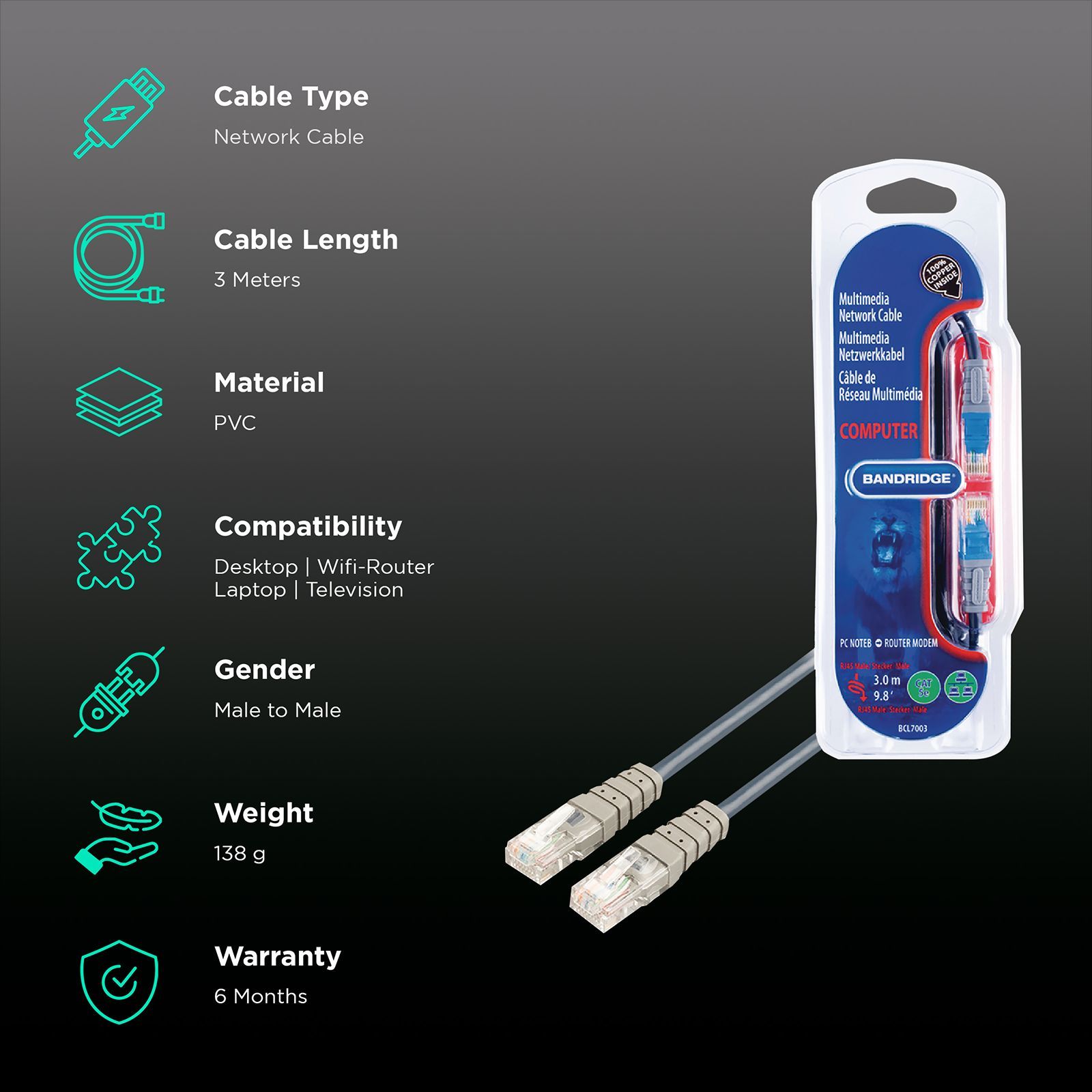 Bandridge BCL7003 PVC 3 Meter RJ45 (8P8C) to RJ45 (8P8C) Network Cable (UTP Shielded, Blue)_2