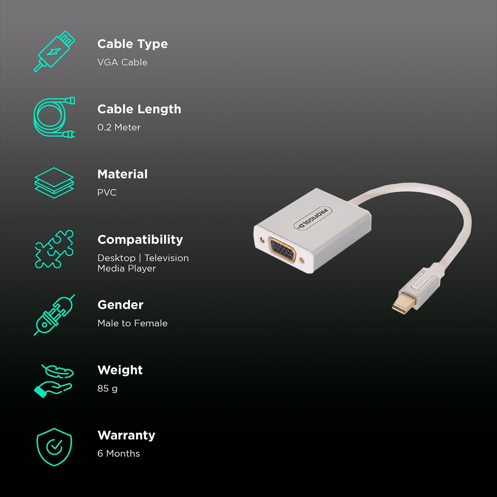 PROFIGOLD PROM201 PVC 0.2 Meter Mini DisplayPort to VGA Video Display Cable (Double Shielded Cable, White)_2