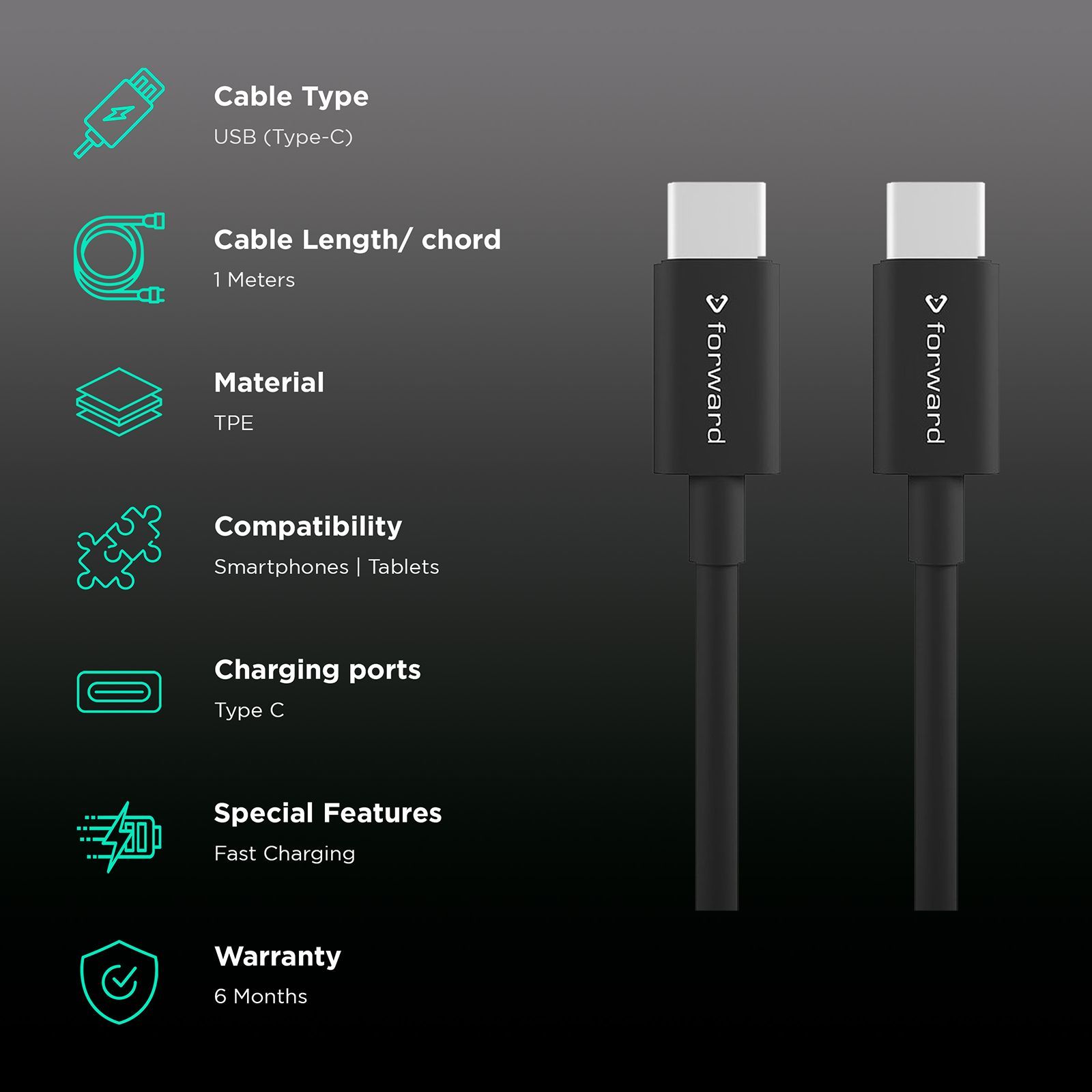 Forward FCTT-09 Type C to Type C 3.2 Feet (1M) Cable (Charge and Sync, Black) Forward FCTT-09 Type C to Type C 3.2 Feet (1M) Cable (Charge and Sync, Black)_2