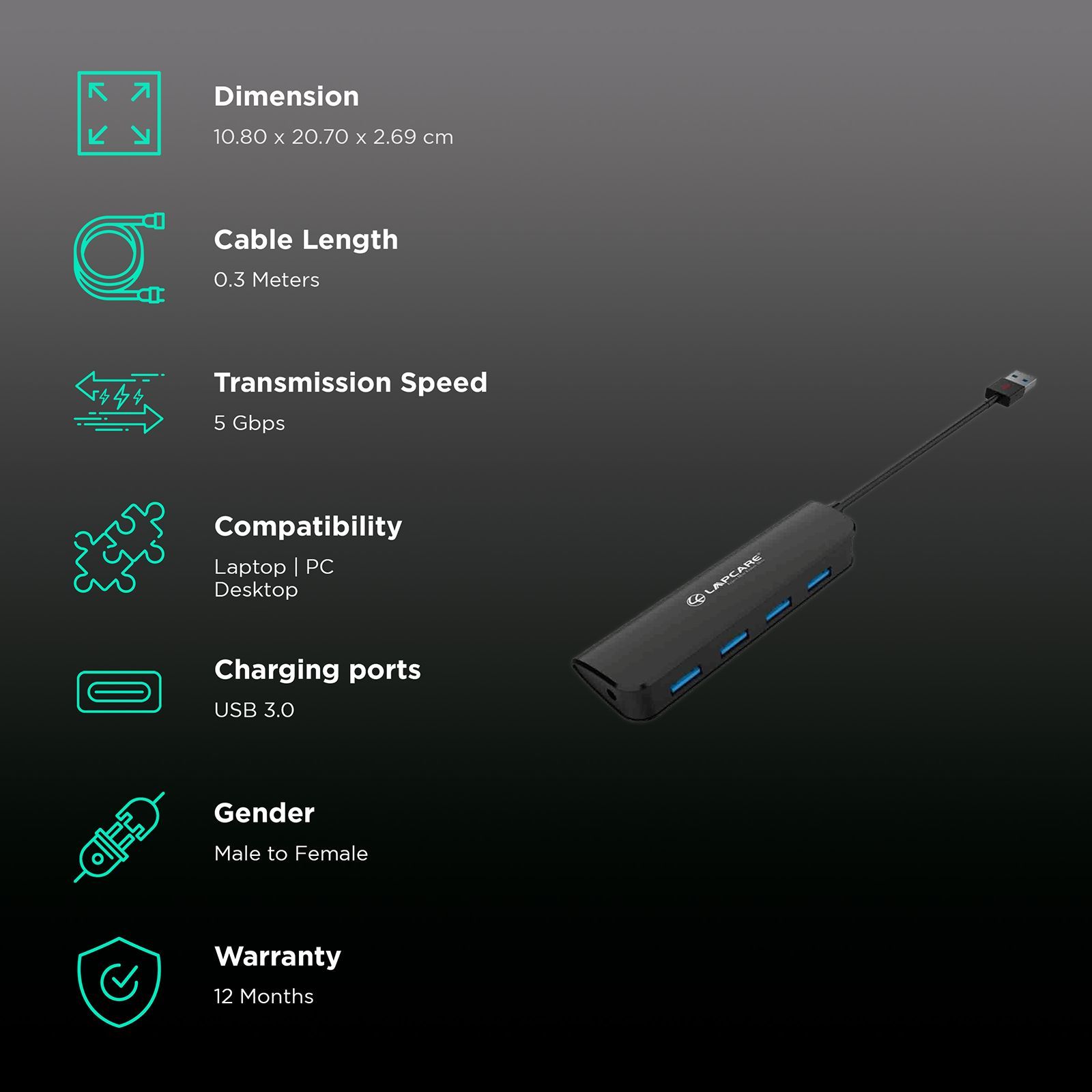 LAPCARE LHB-368 USB 3.0 Type A to USB 3.0 Type A USB Hub (5 Gbps Data Transfer Rate, Black)_2